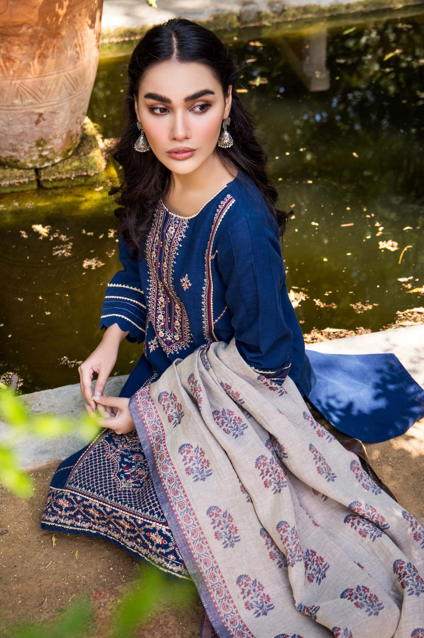 Stitched 3 Piece Embroidered Khaddar with Yarn Jacquard Shawl Suit