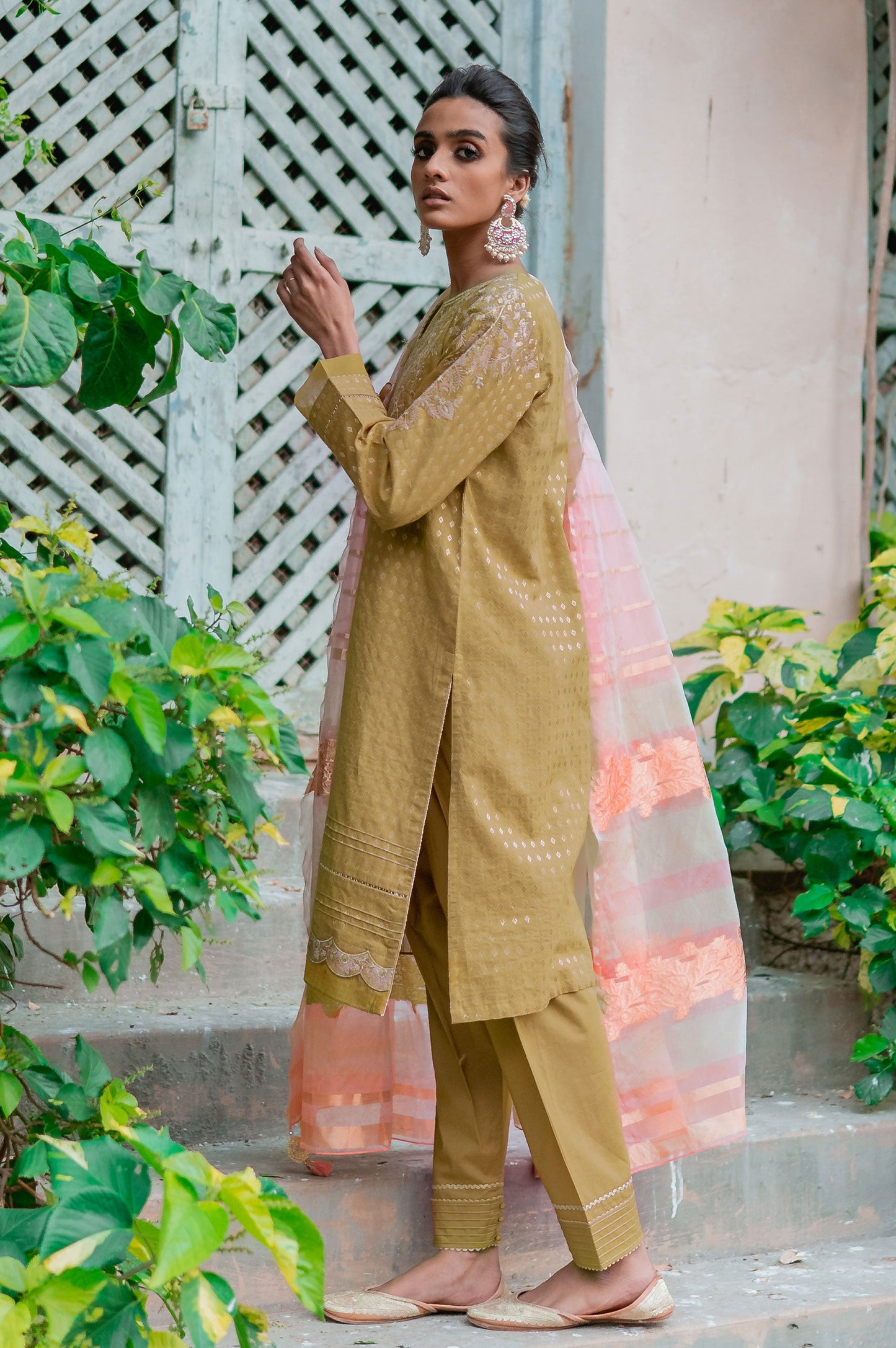 Stitched 3 Piece Maysuri Jacquard with Shaded Organza Suit
