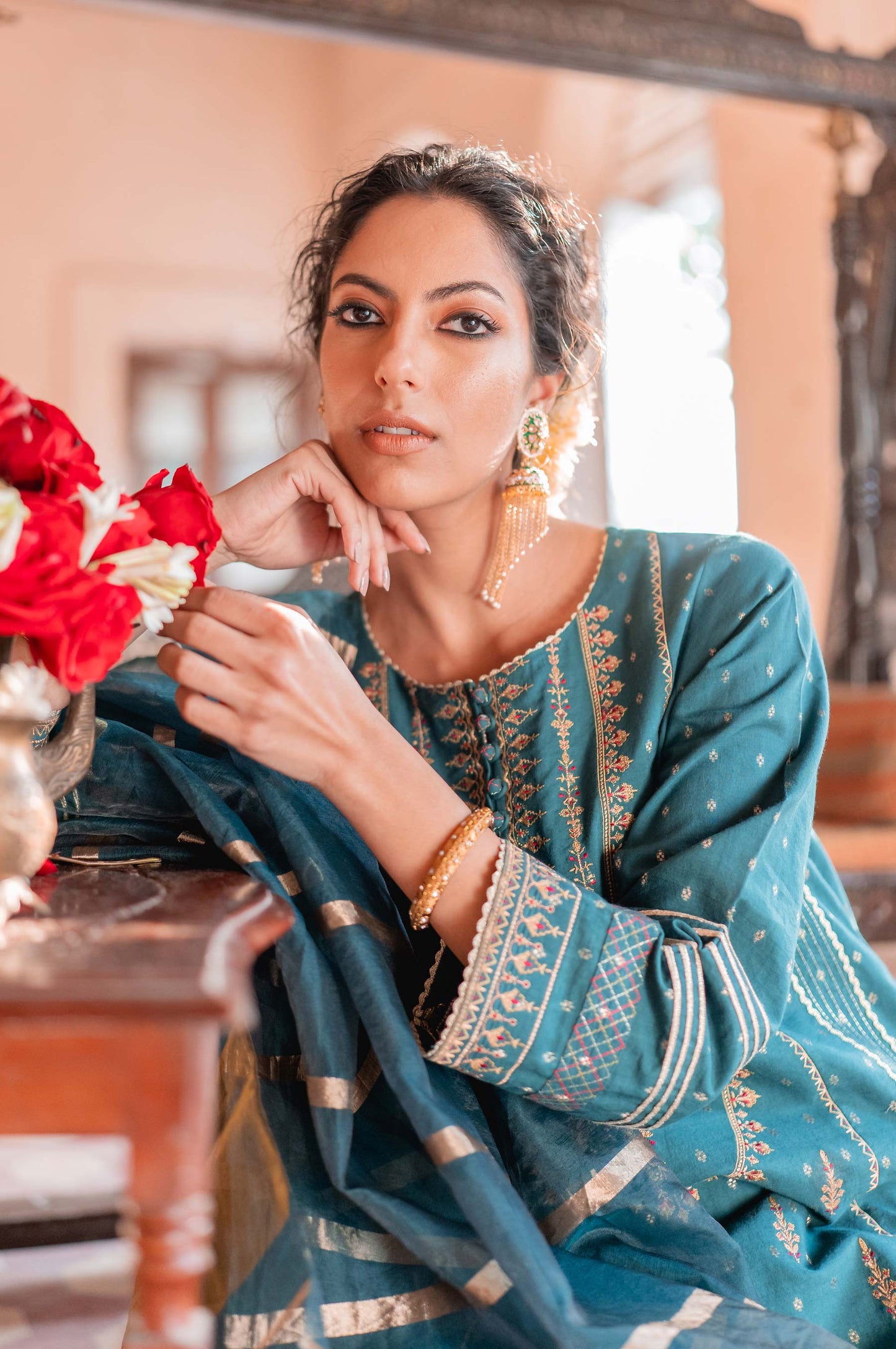 Stitched 3 Piece Maysuri Jacquard with Shaded Organza Suit