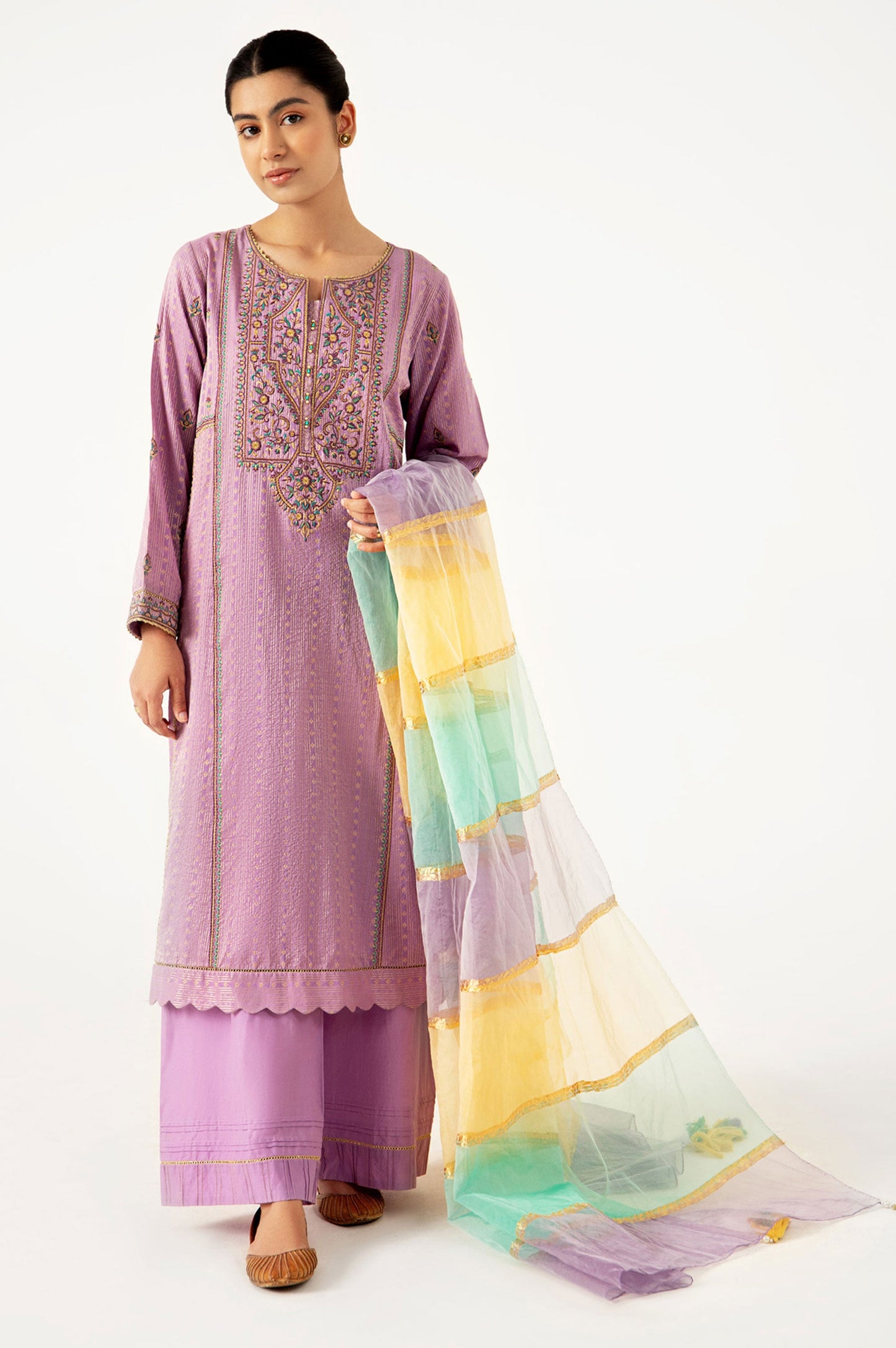 Stitched 3 Piece Maysuri Jacquard with Shaded Organza Suit