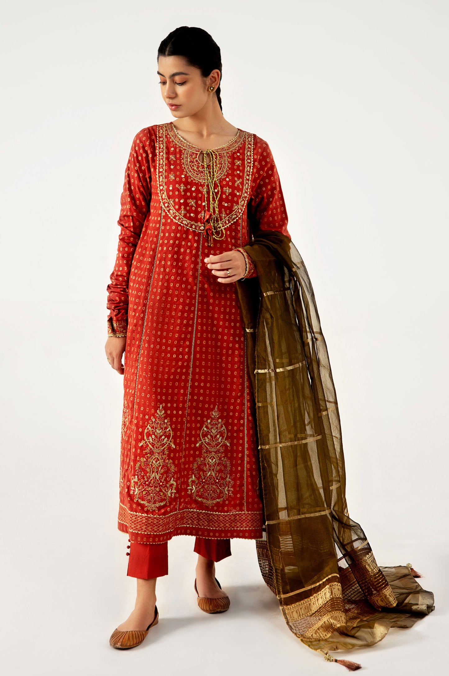 Stitched 3 Piece Maysuri Jacquard with Shaded Organza Suit