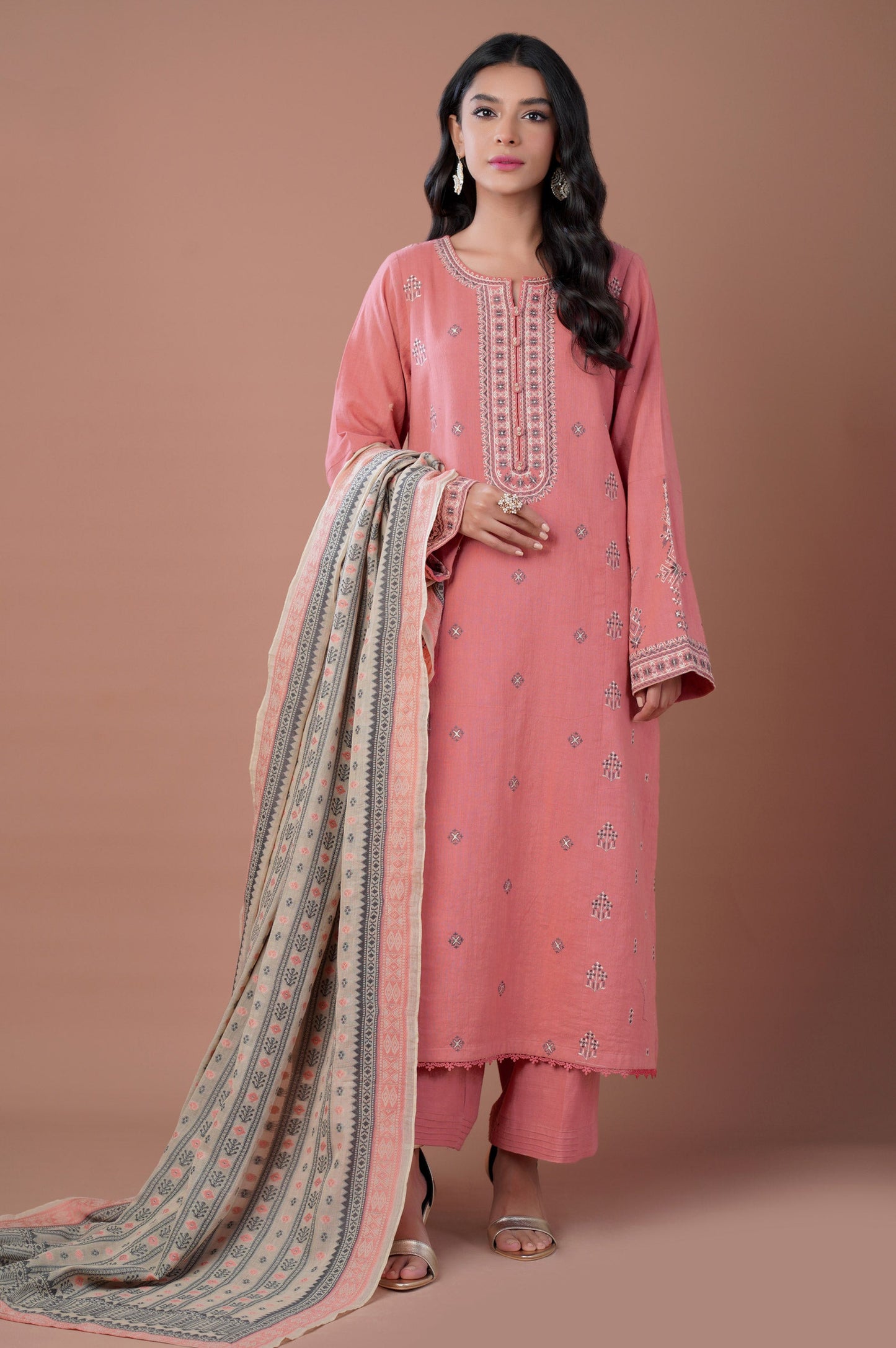 Stitched 3 Piece Embroidered Khaddar Suit