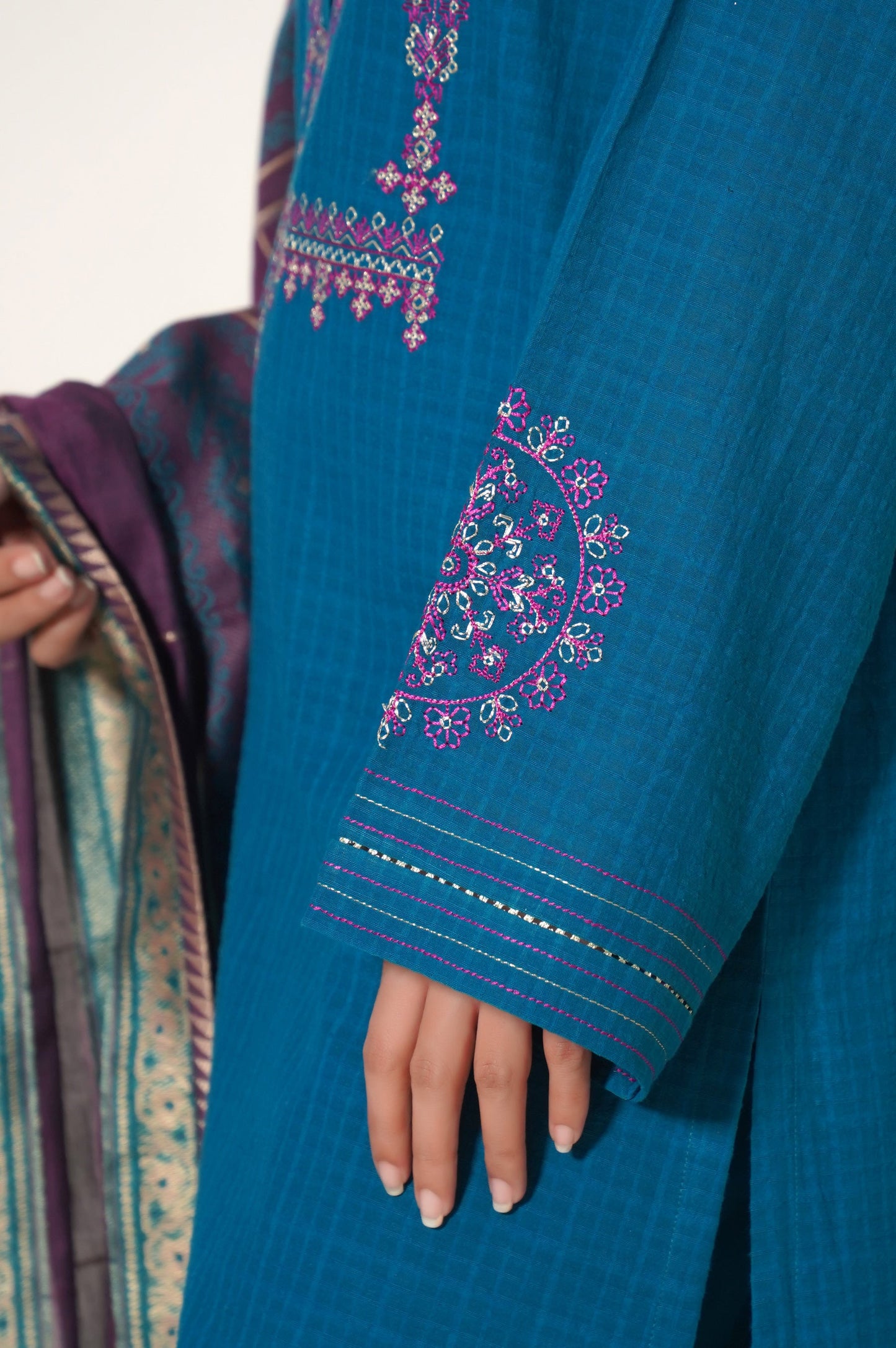 Stitched 3 Piece Embroidered Textured Slub Suit