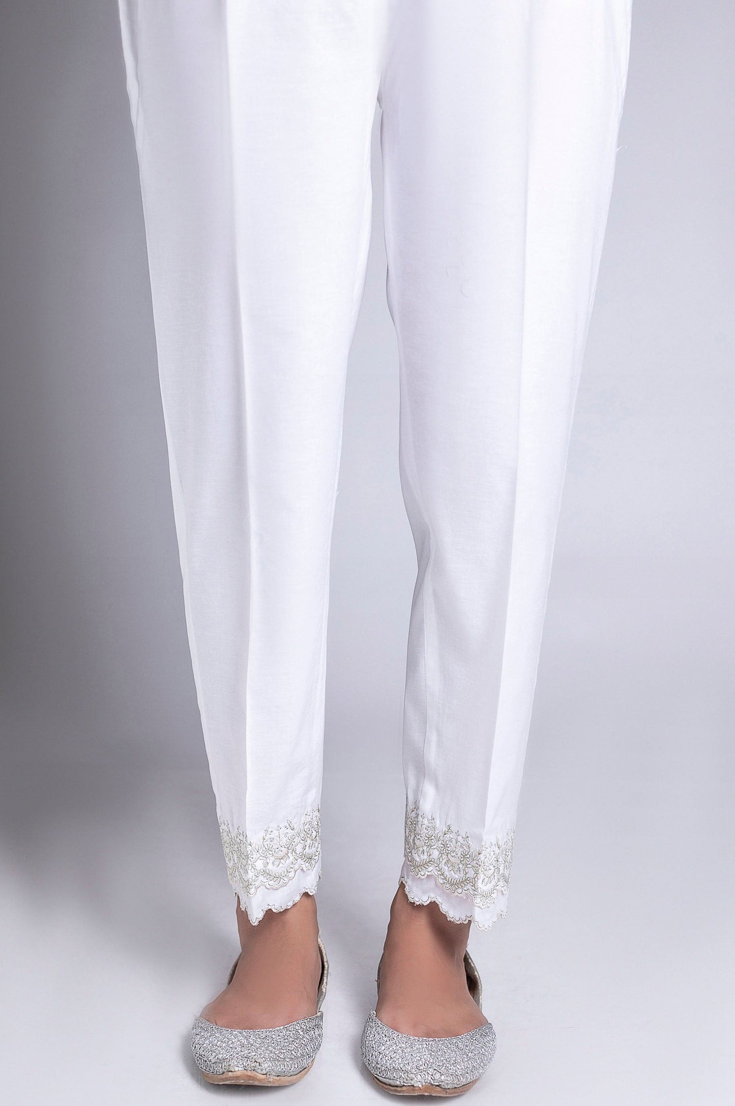 Embroidered Cotton Slub Pants - White