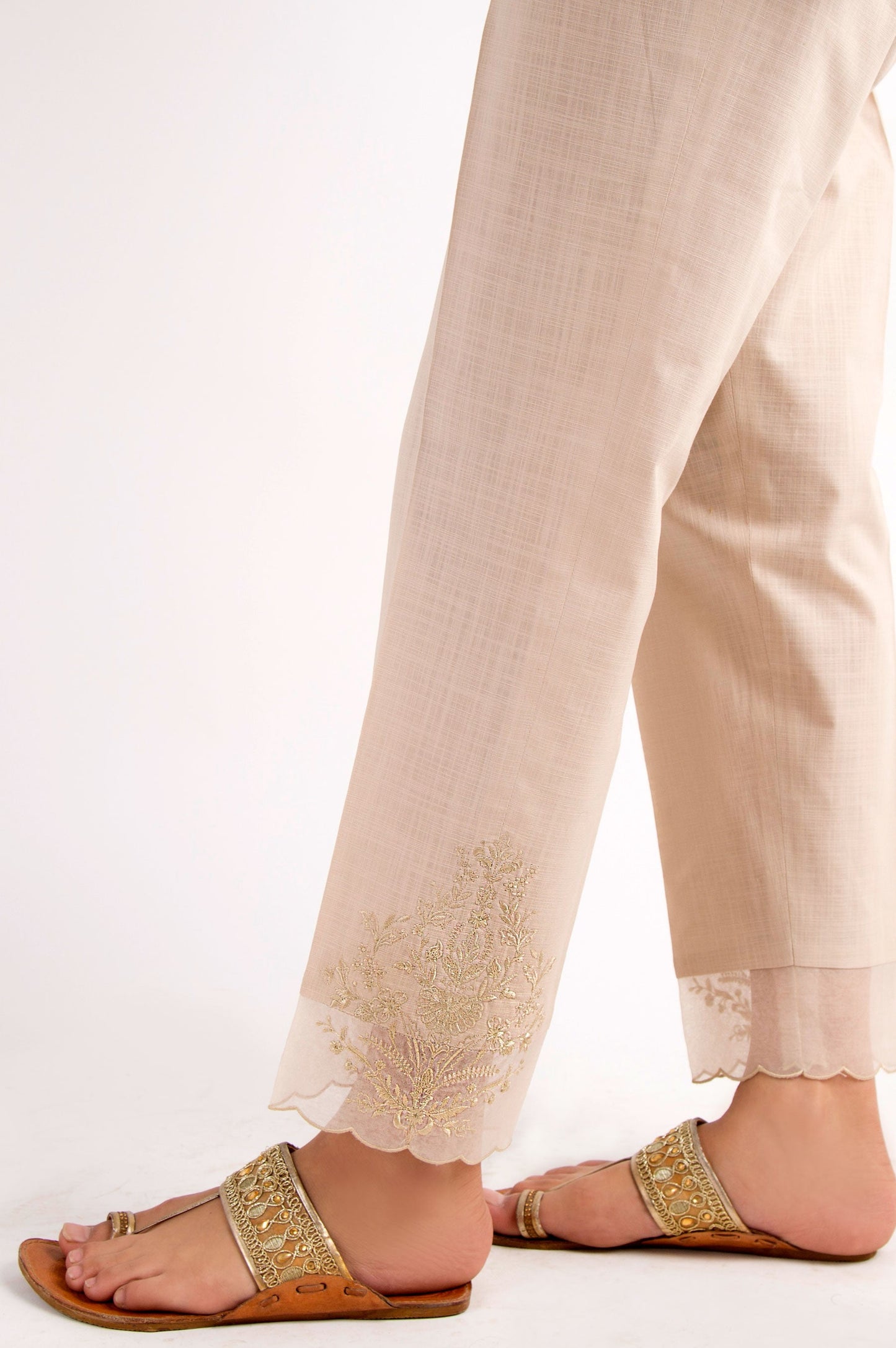 Cotton Slub Embroidered Cigarette Pants - Beige