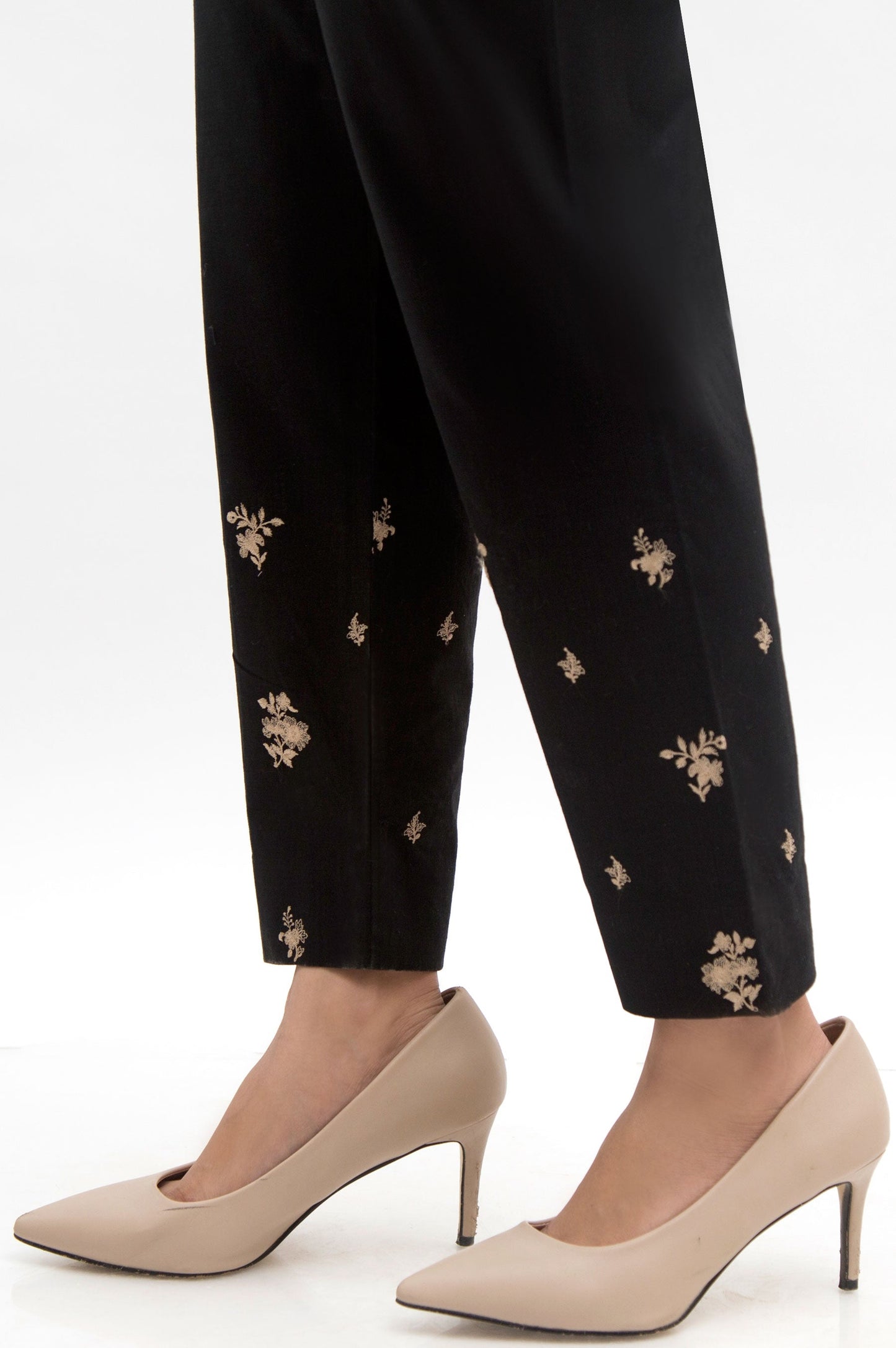 Embroidered Cotton Slub Cigarette Pants - Black