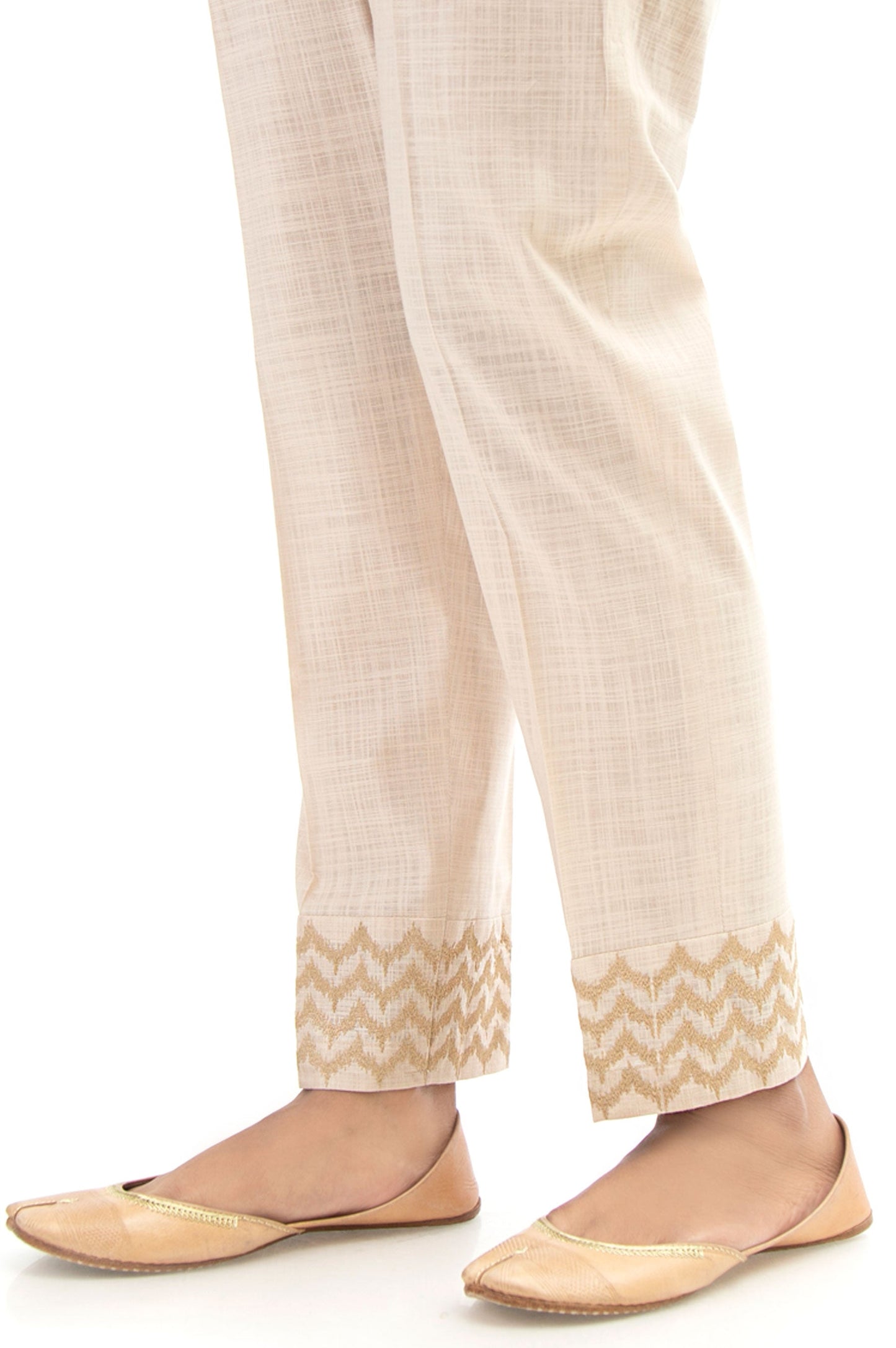 Embroidered Cotton Slub Cigarette Pants - Beige