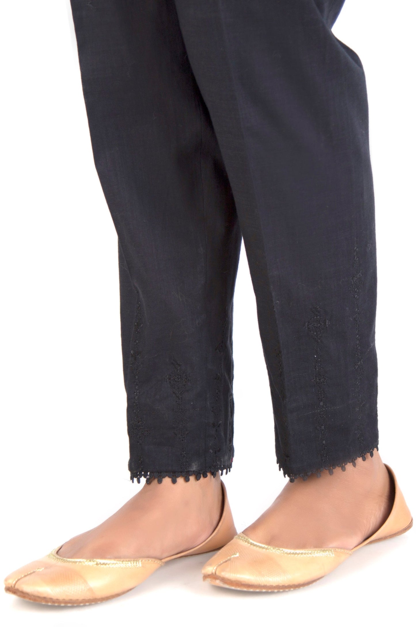 Embroidered Cotton Slub Cigarette Pants - Black