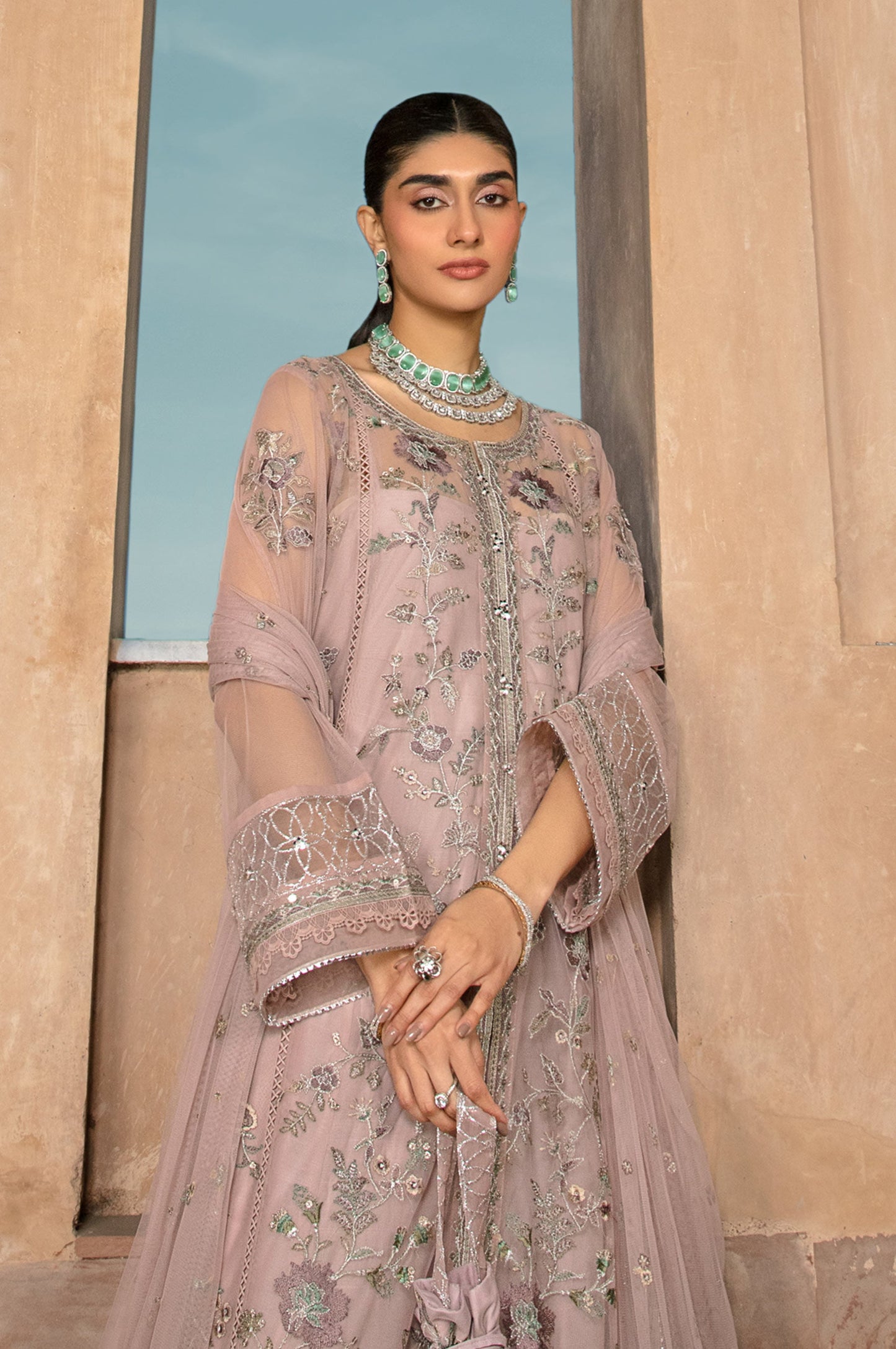 2 Piece Embroidered Net Suit