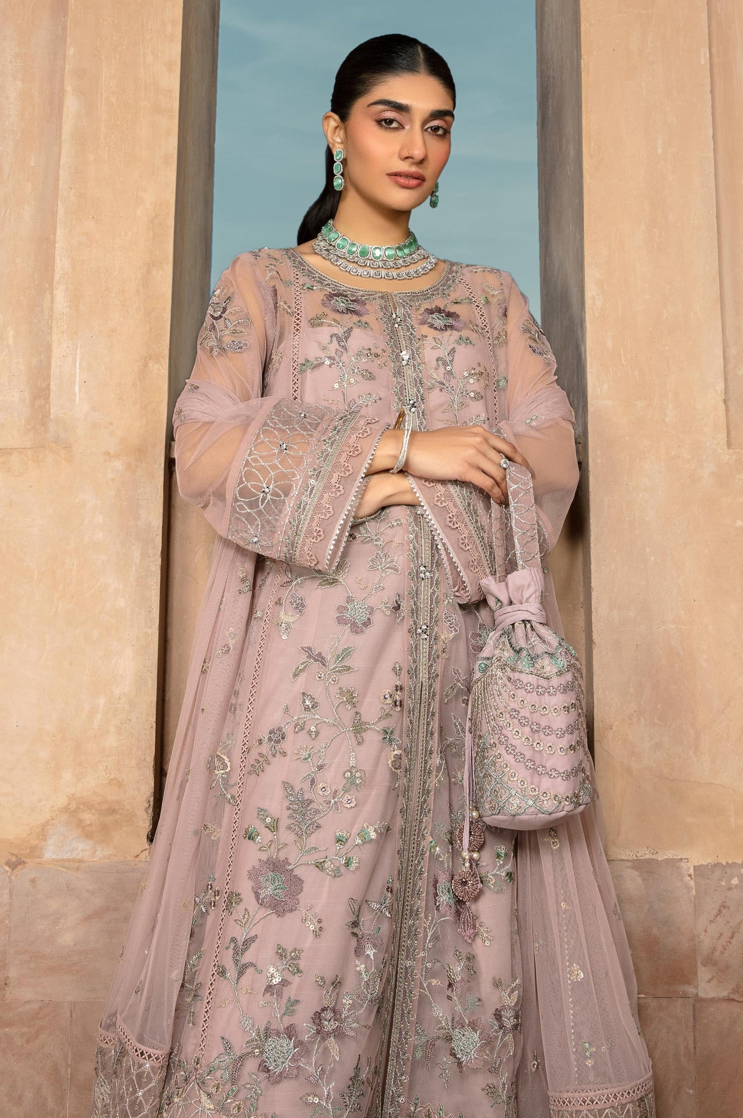 2 Piece Embroidered Net Suit