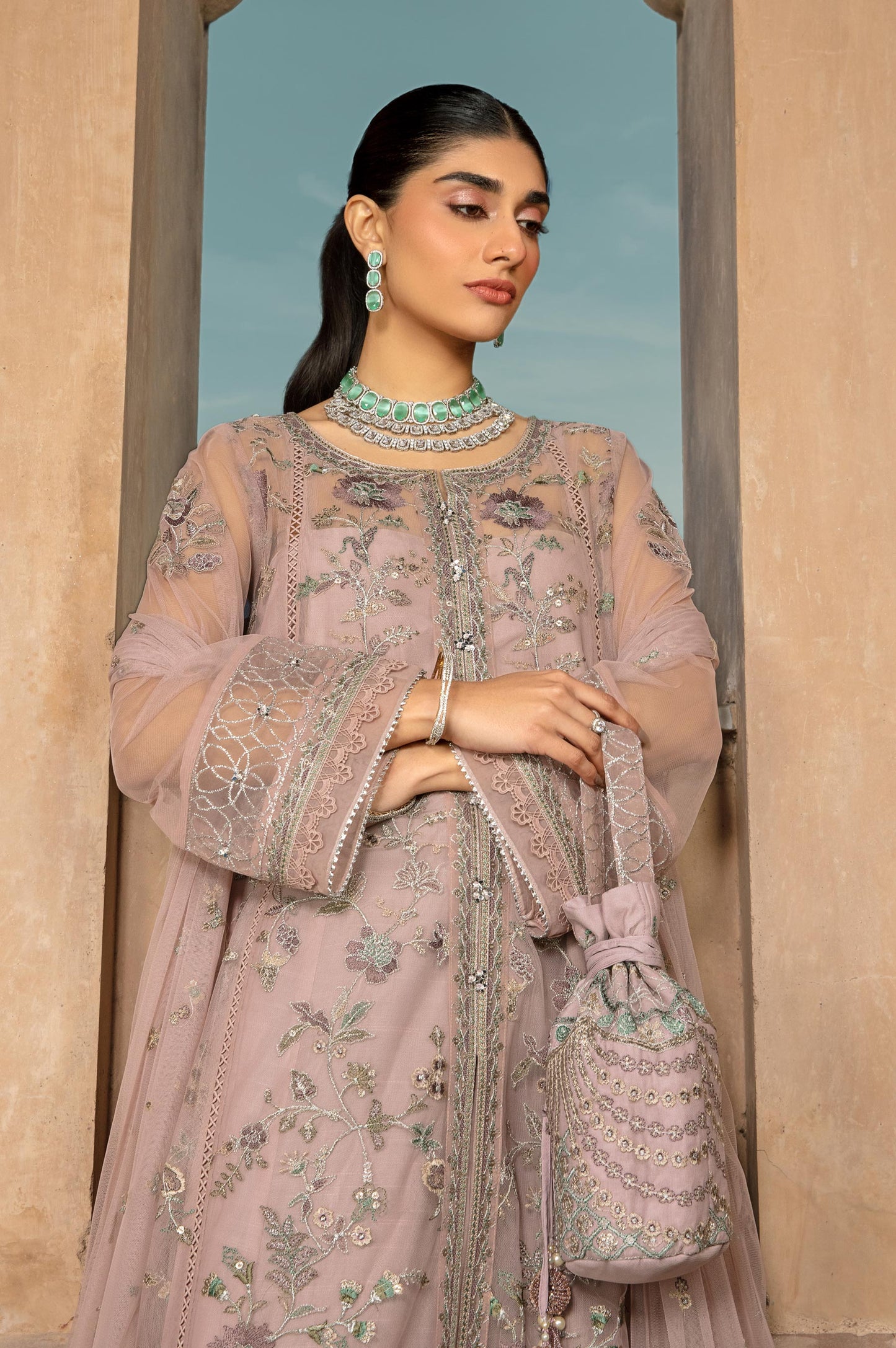 2 Piece Embroidered Net Suit
