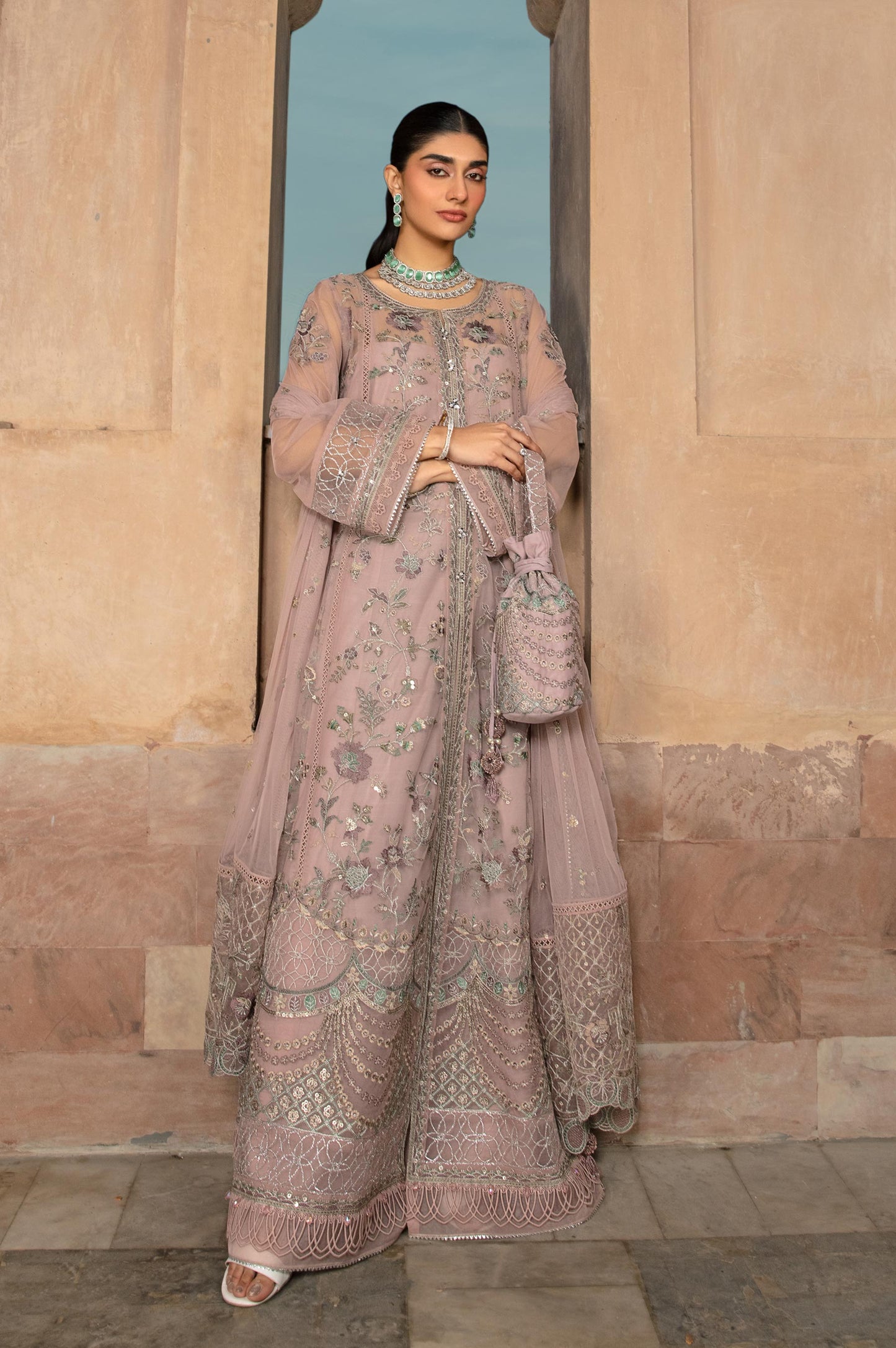 2 Piece Embroidered Net Suit