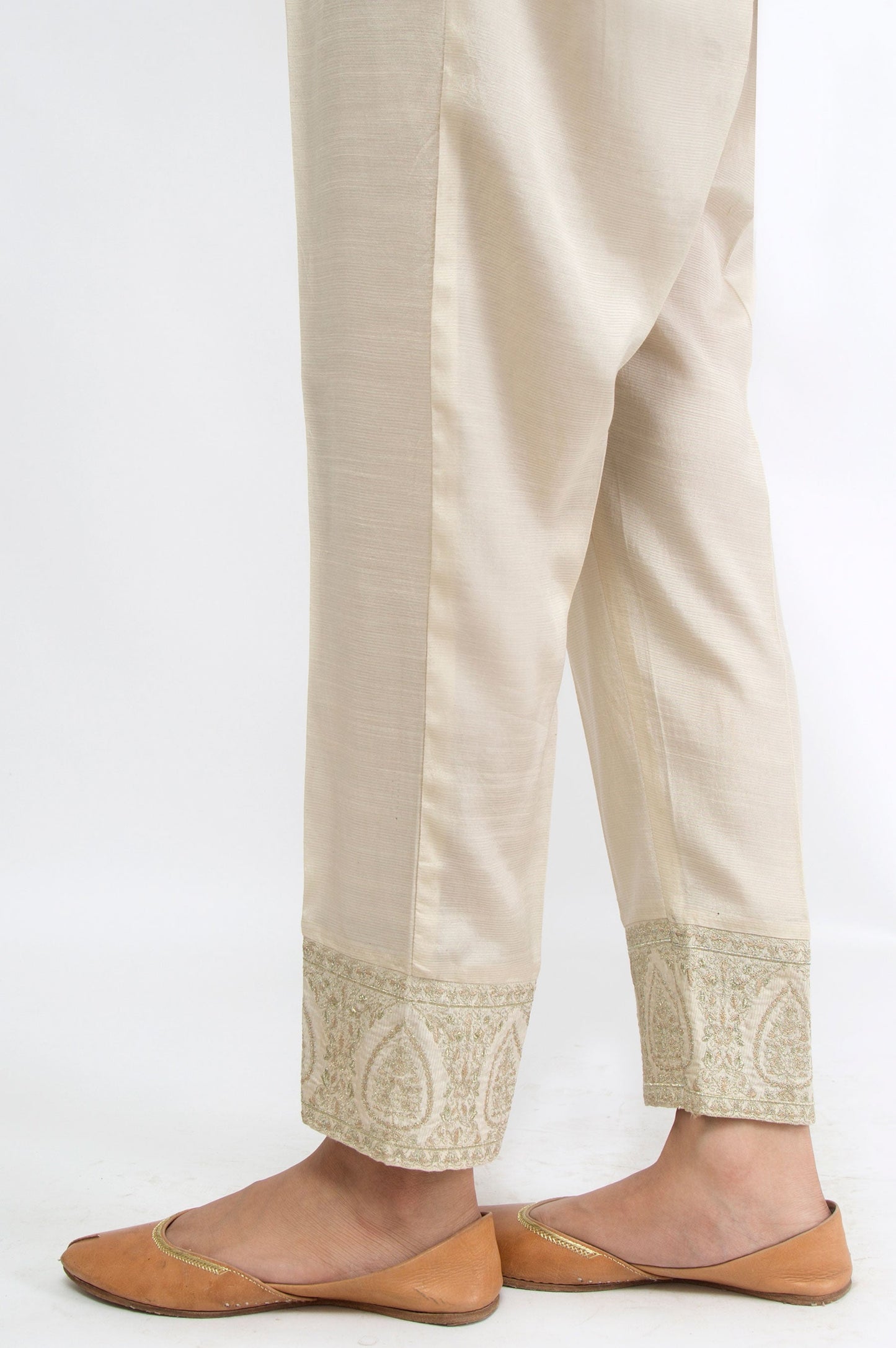 Embroidered Raw Silk Pants - Light Beige