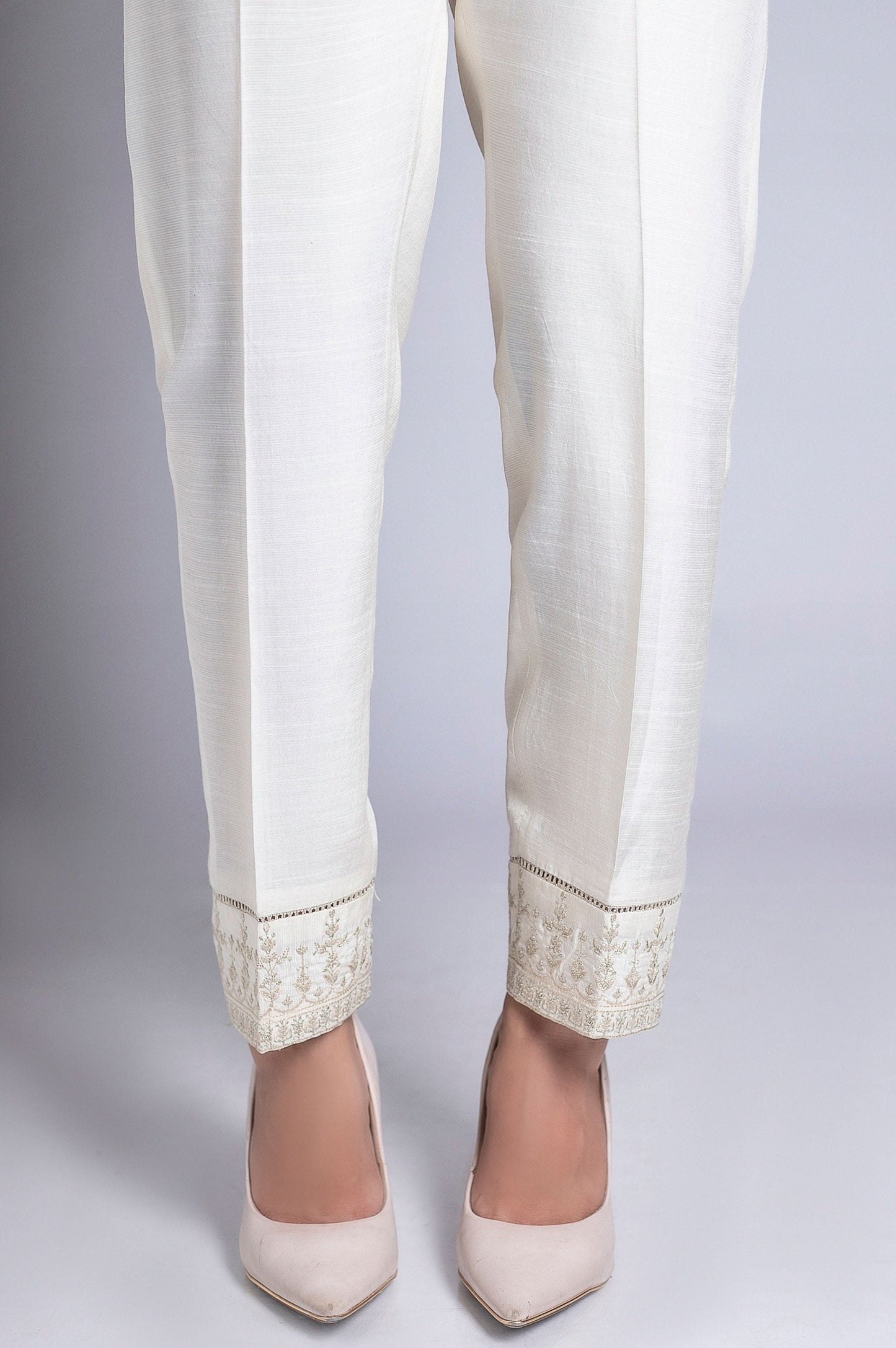 Embroidered Cigarette Pants - Beige