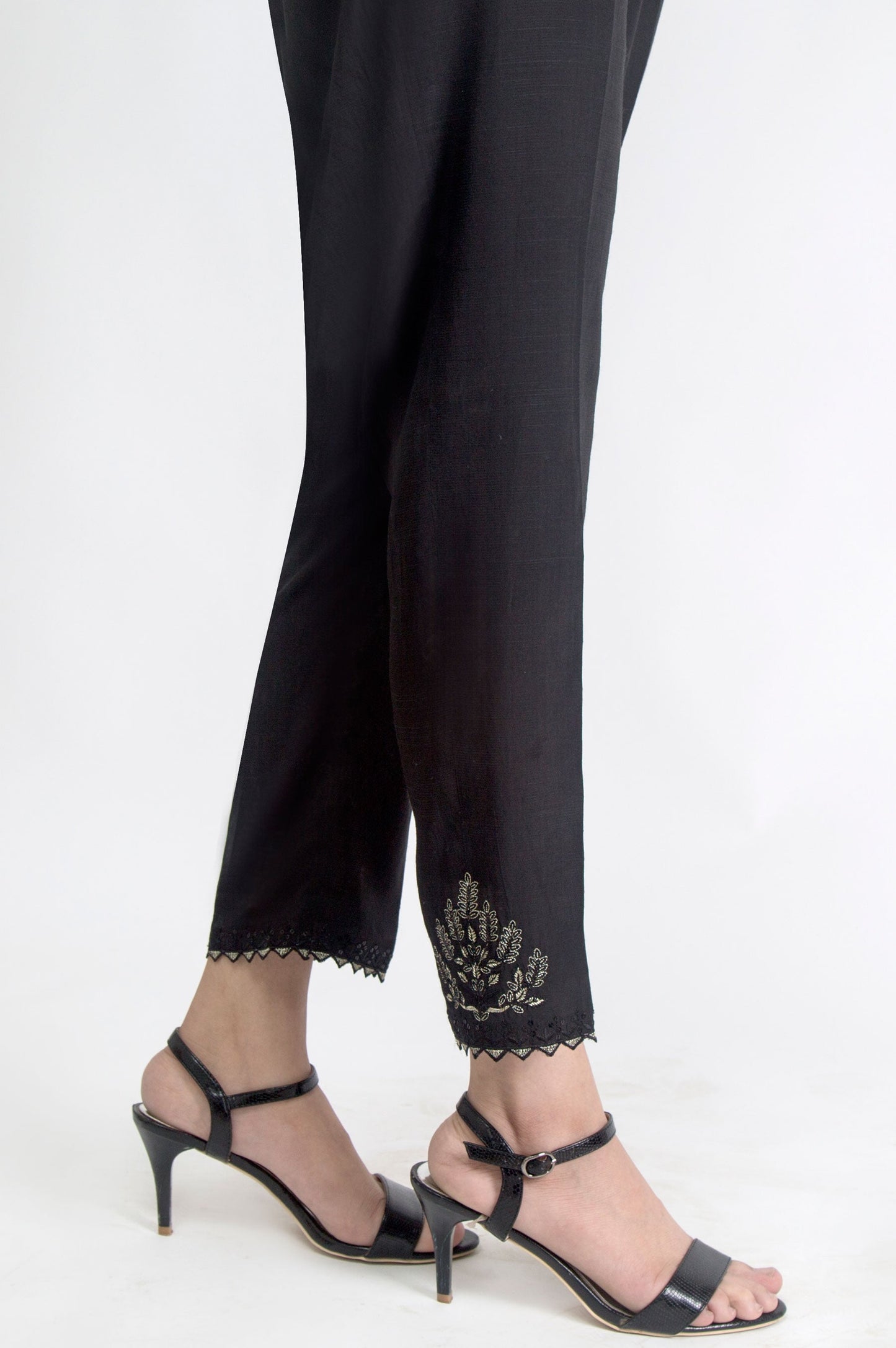 Embroidered Raw Silk Pants - Black