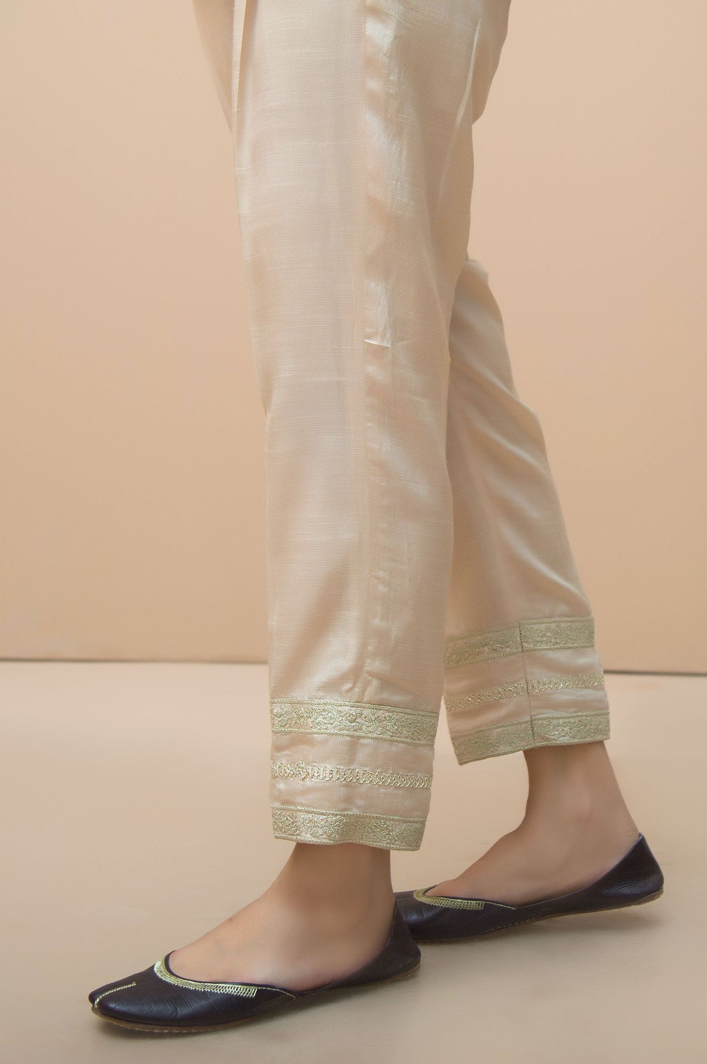 Embroidered Raw Silk Cigarette Pants - Beige