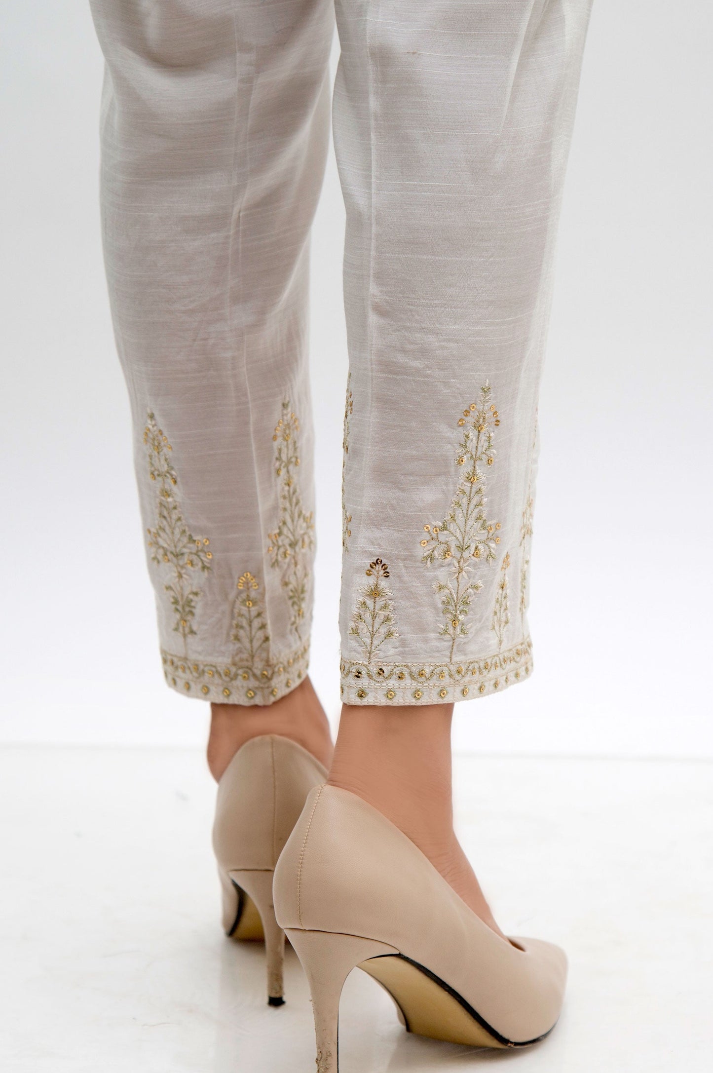 Embroidered Raw Silk Cigarette Pants - White