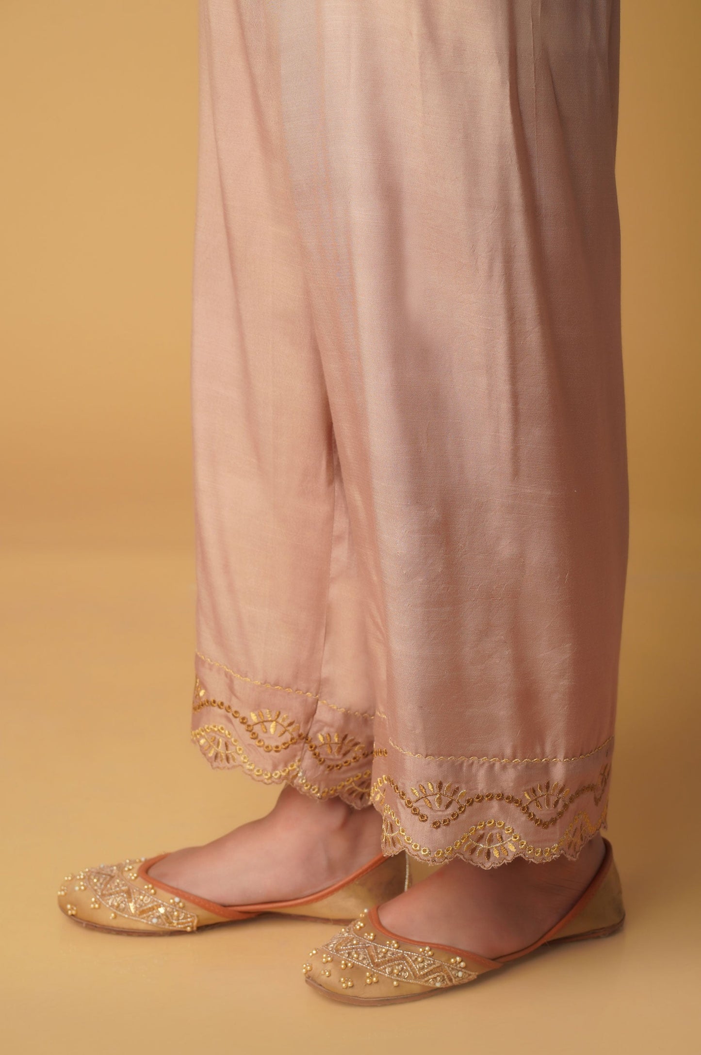 Embroidered Rawsilk Cigarette Pants - Gold