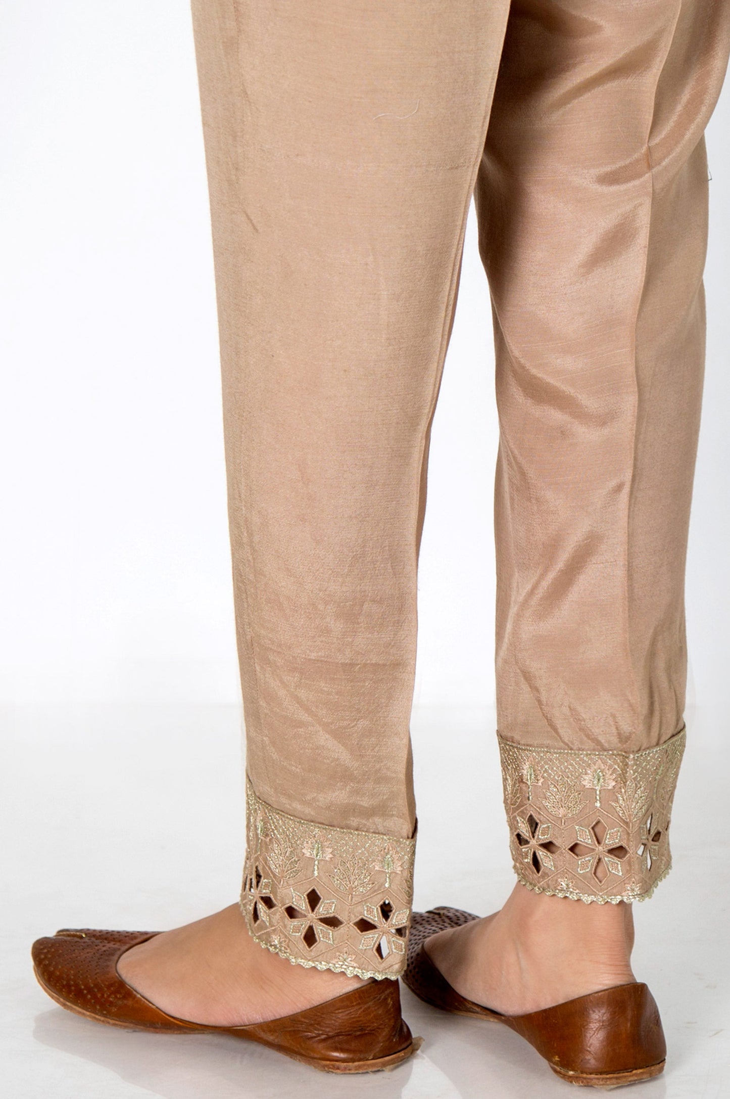 Embroidered Raw Silk Cigarette Pants - Beige