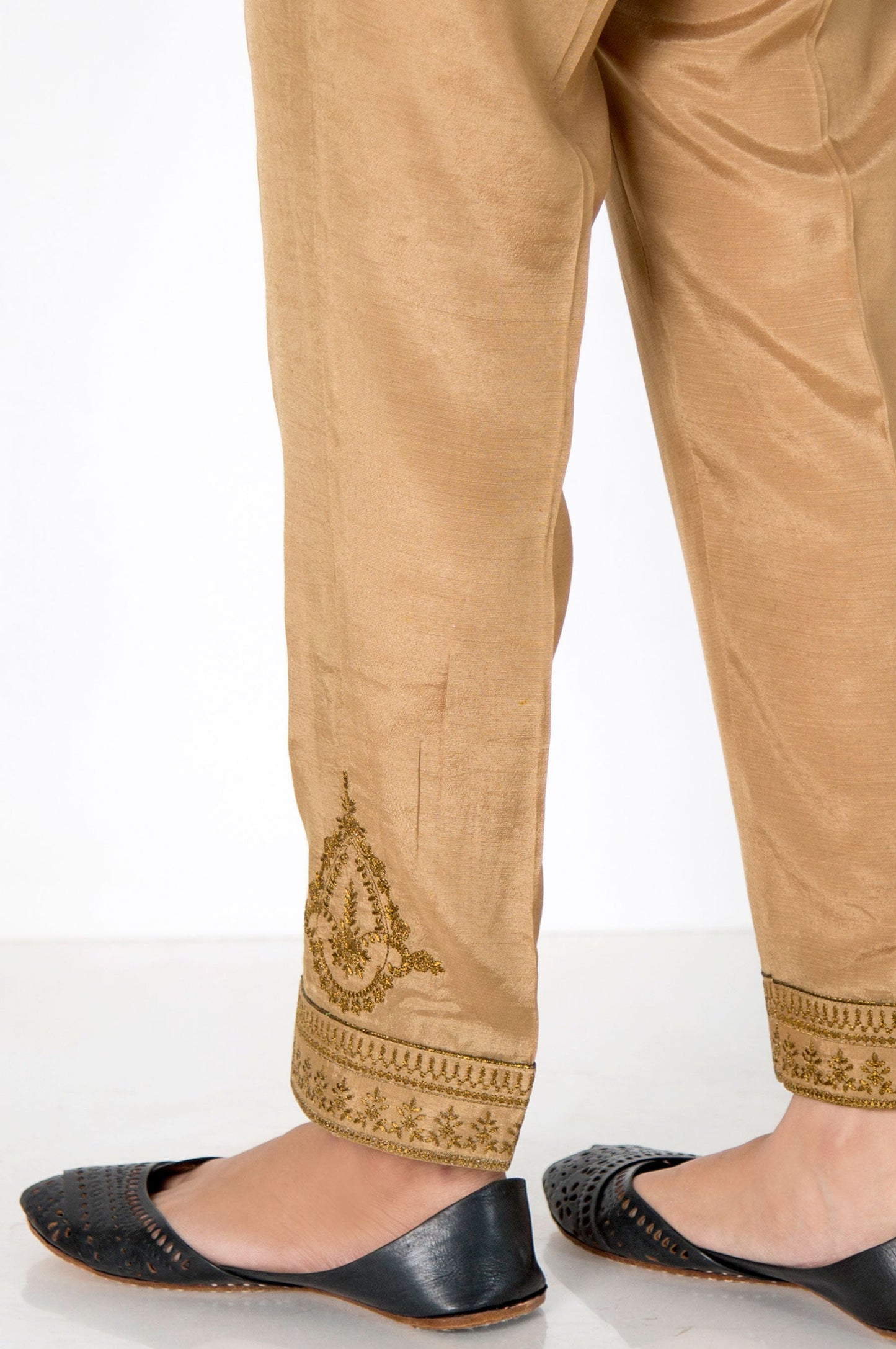 Embroidered Raw Silk Pants - Copper