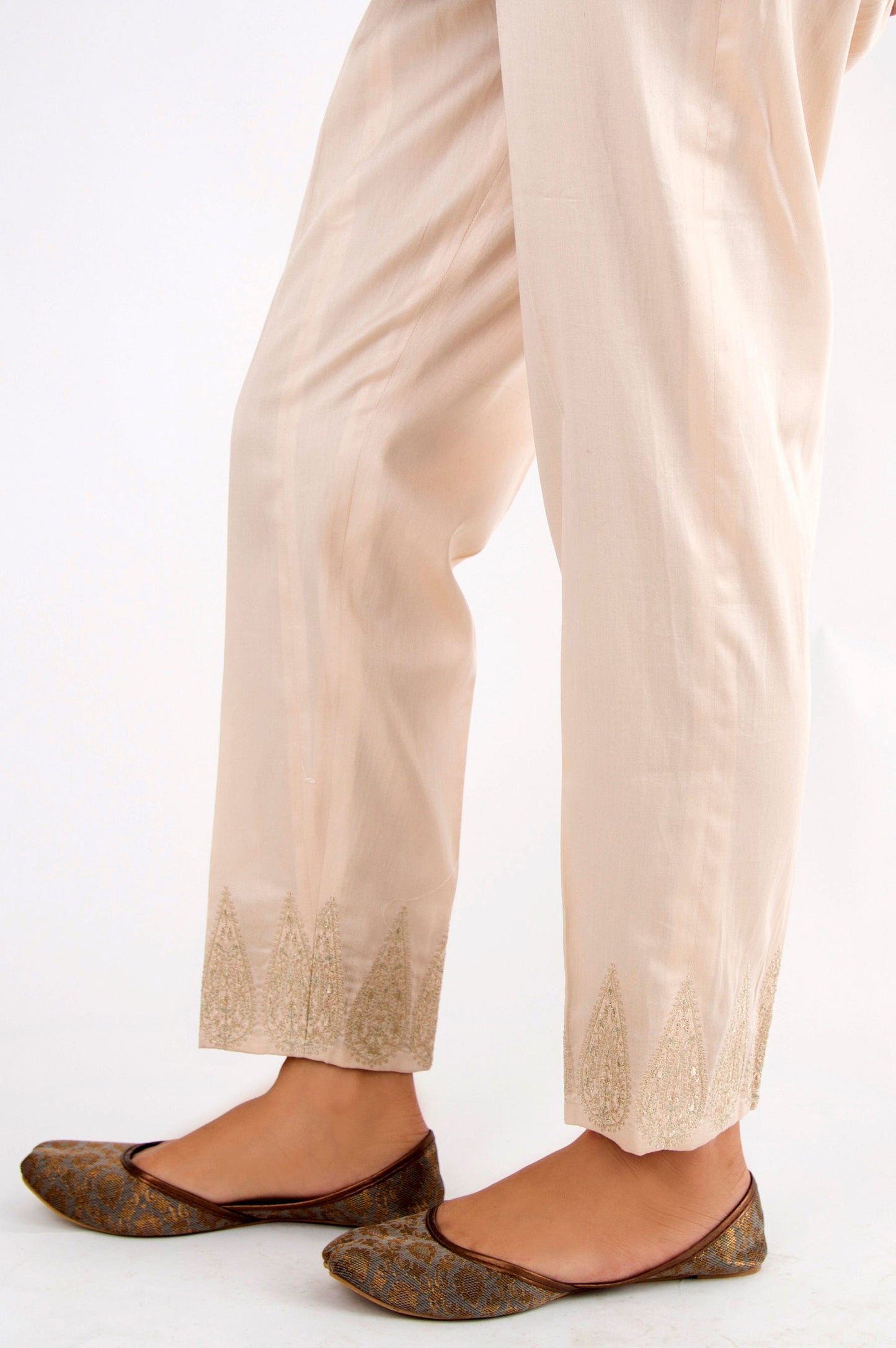 Embroidered Cotton Satin Pants - Beige