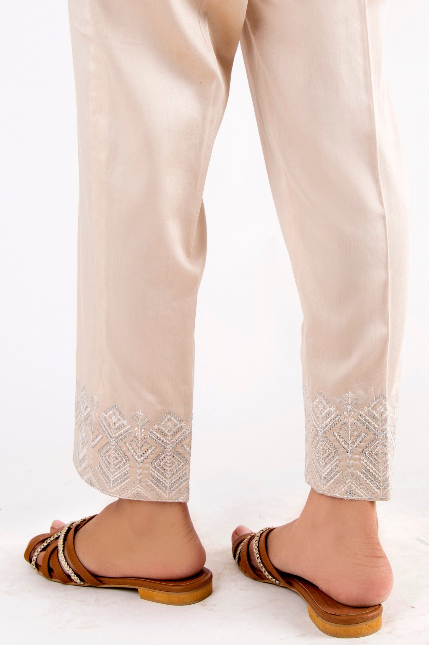 Embroidered Cotton Satin Pants - Beige