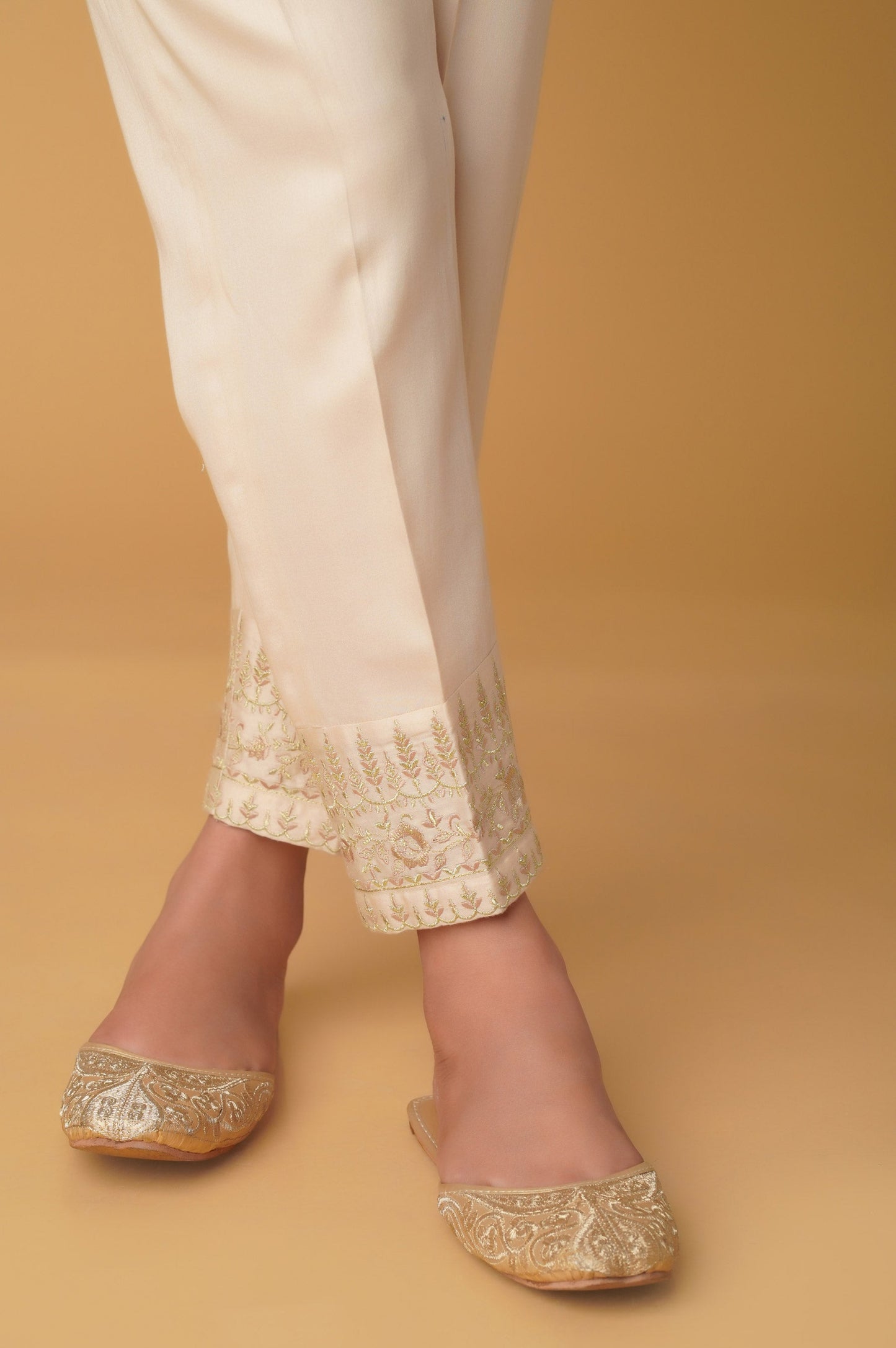 Embroidered Cotton Satin Cigarette Pants - Beige