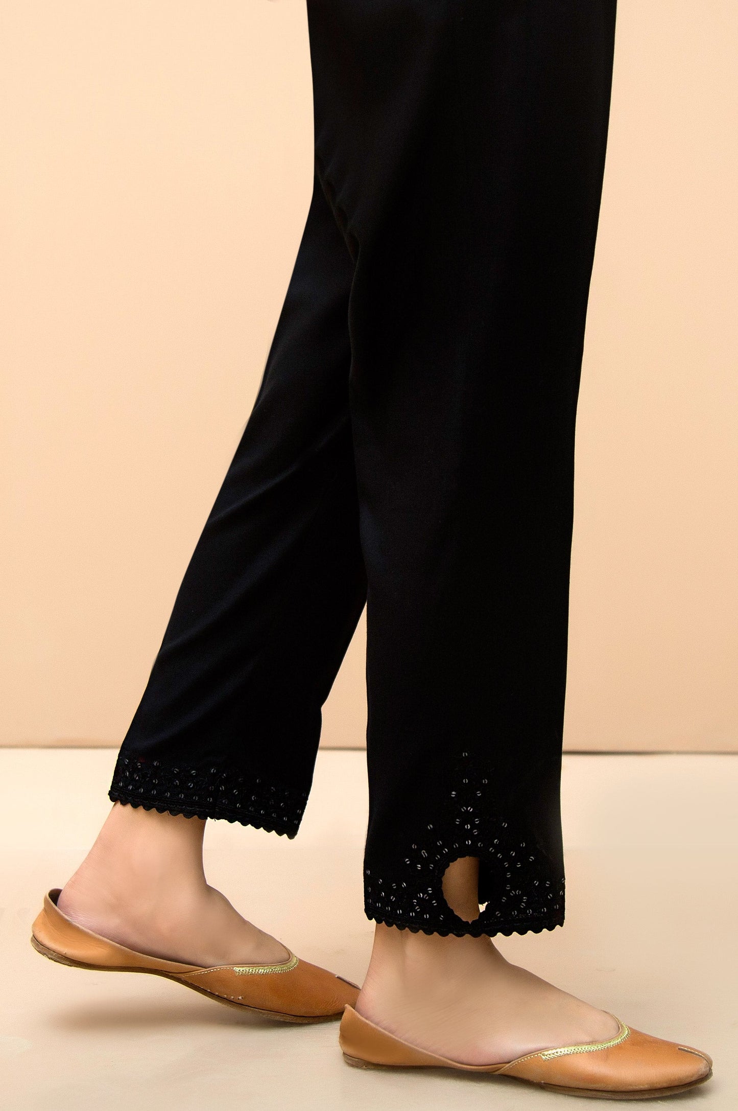 Embroidered Cotton Satin Cigarette Pant - Black