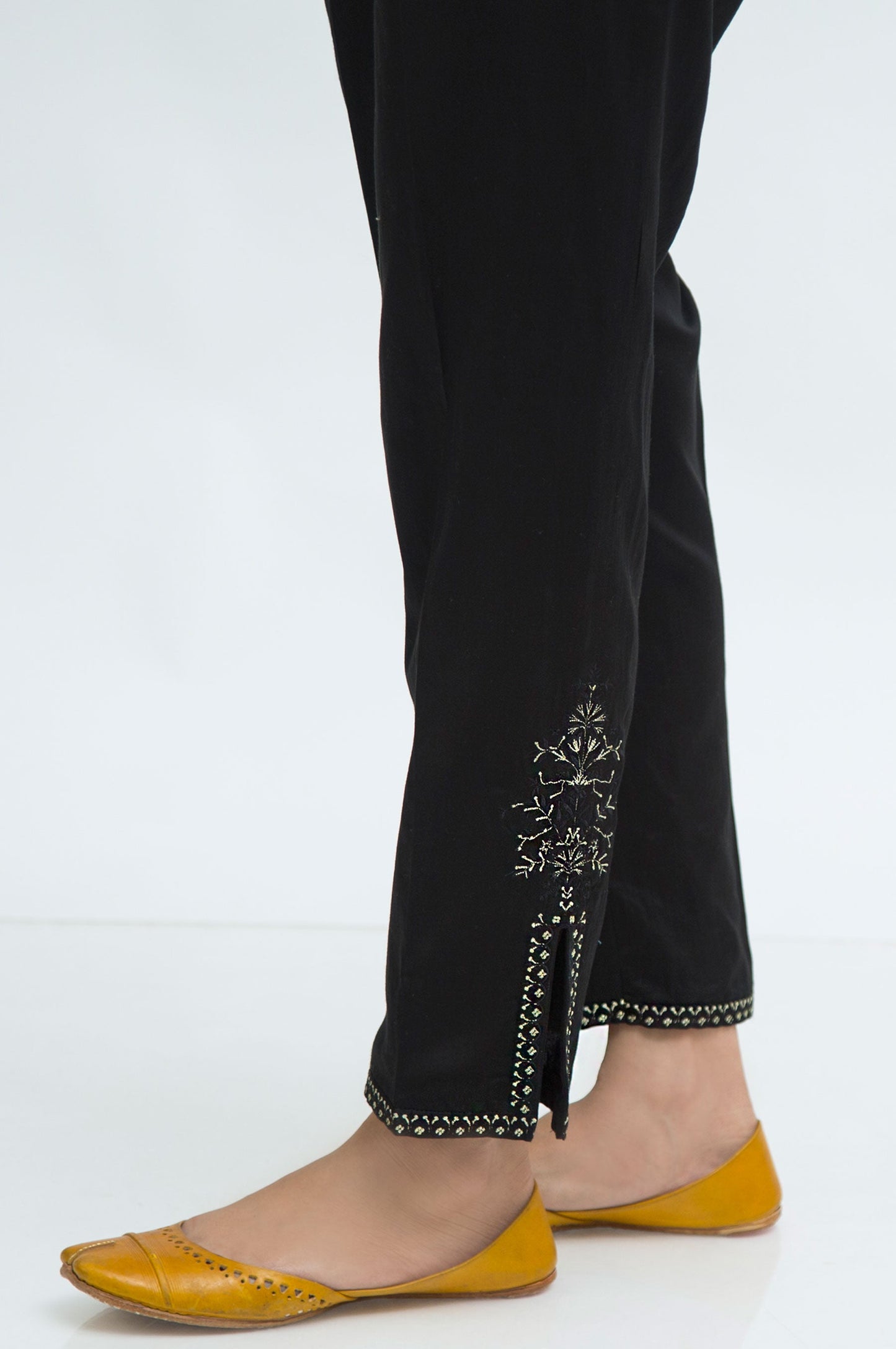 Embroidered Cotton Satin Cigarette Pant - Black