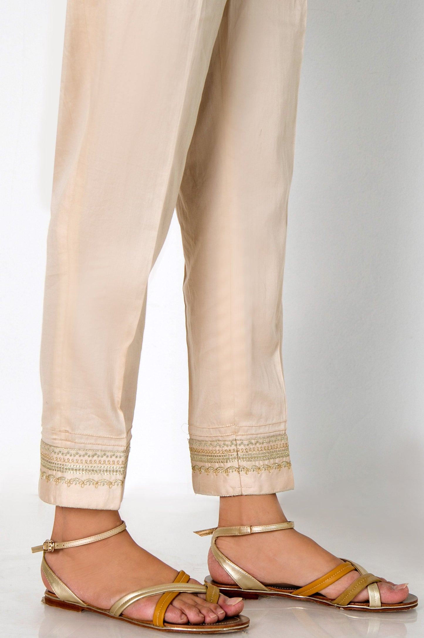 Embroidered Cotton Satin Cigarette Pants - Beige