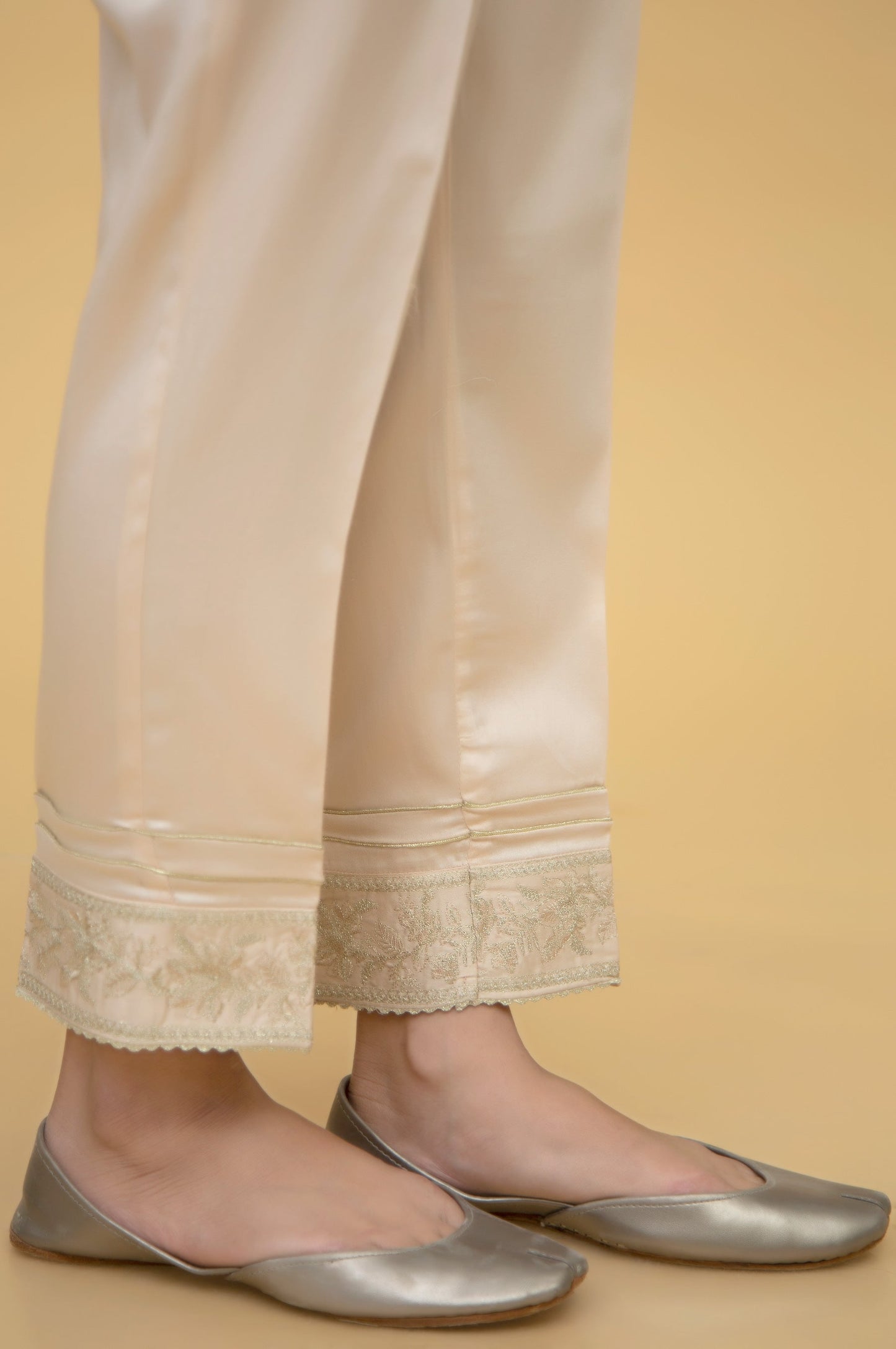 Embroidered Cotton Satin Ciggerate Pants - Beige