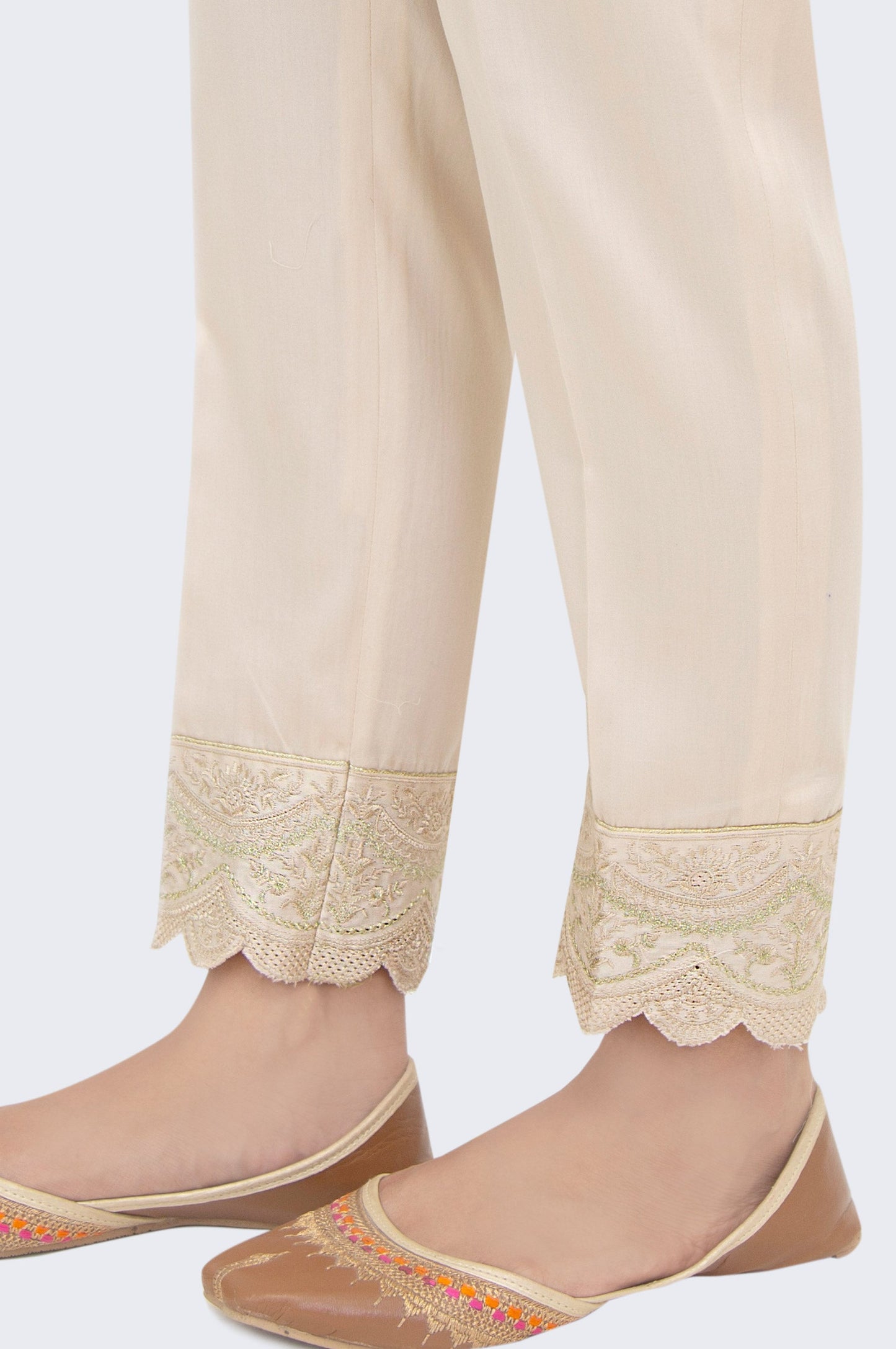 Embroidered Cotton Satin Cigarette Pants - Beige
