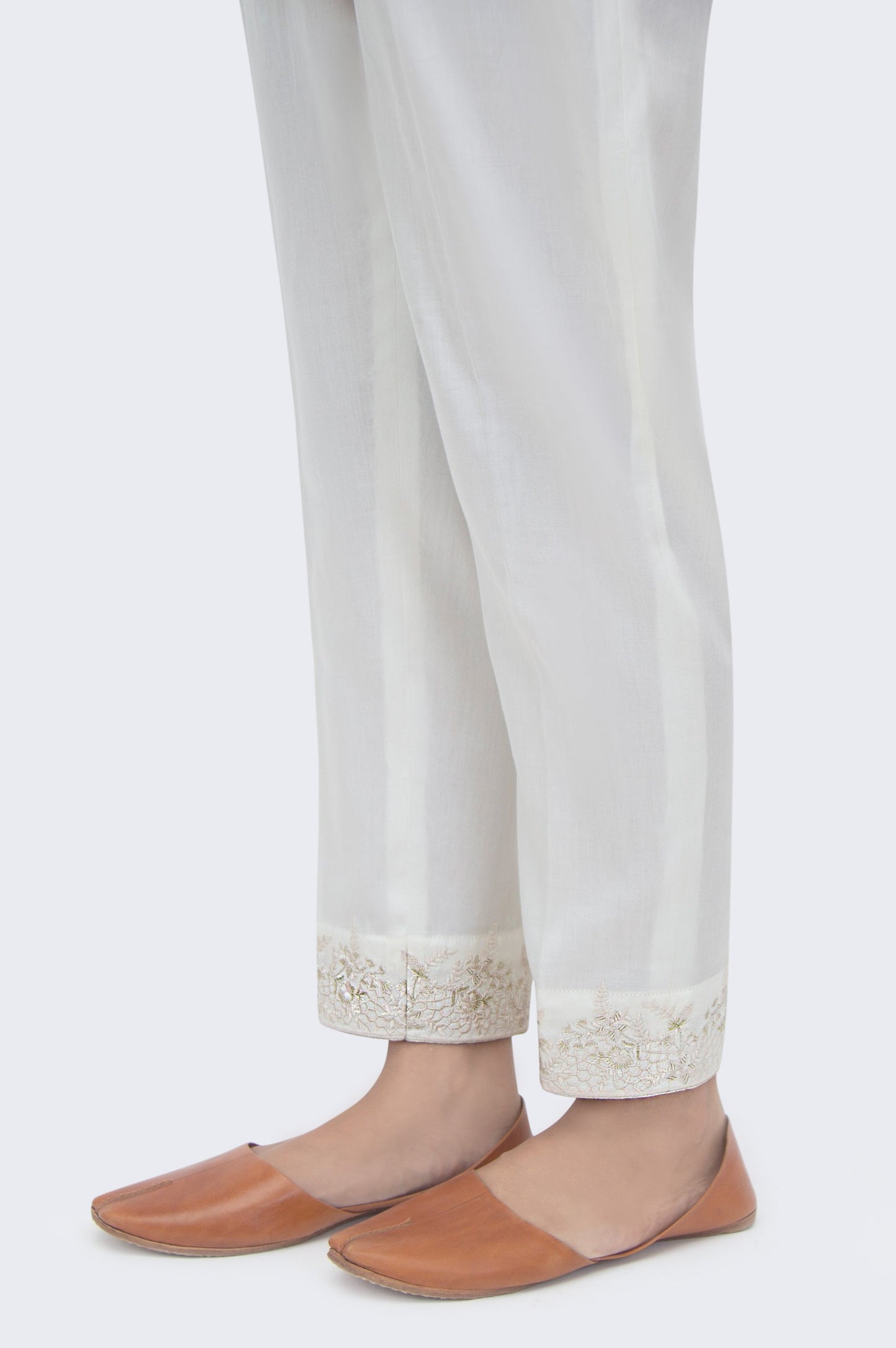 Embroidered Cotton Satin Cigarette Pants - Off White