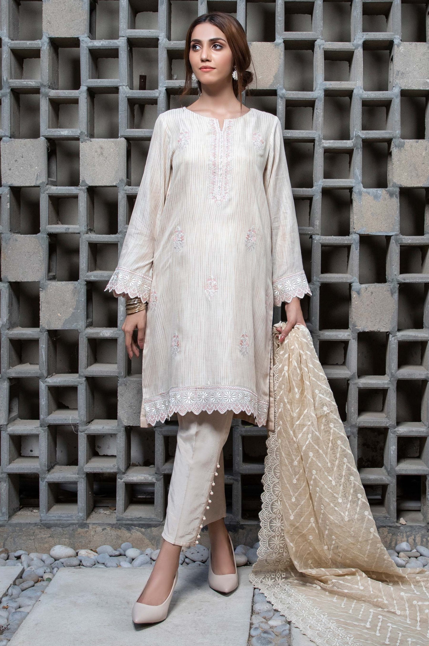 3 PC Unstitched Suit-Fabric: Striped Khadi Net