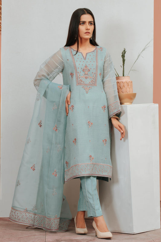 3 PC Unstitched Suit-Fabric: Checkered Organza