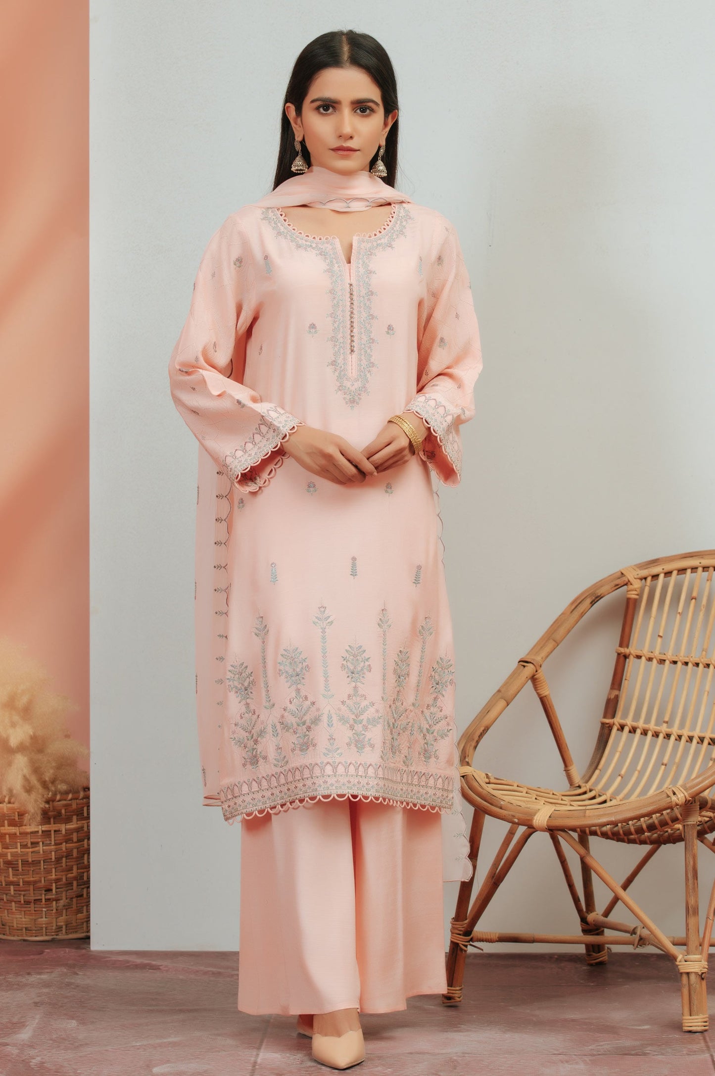 3 Piece Unstitched Embroidered Raw Silk Suit With Chiffon Dupatta
