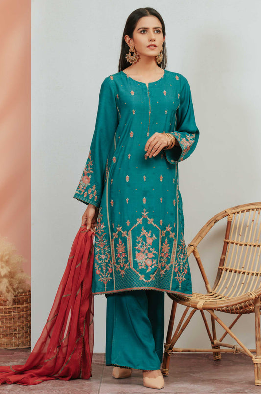 3 Piece Unstitched Raw Silk Suit with Chiffon Dupatta
