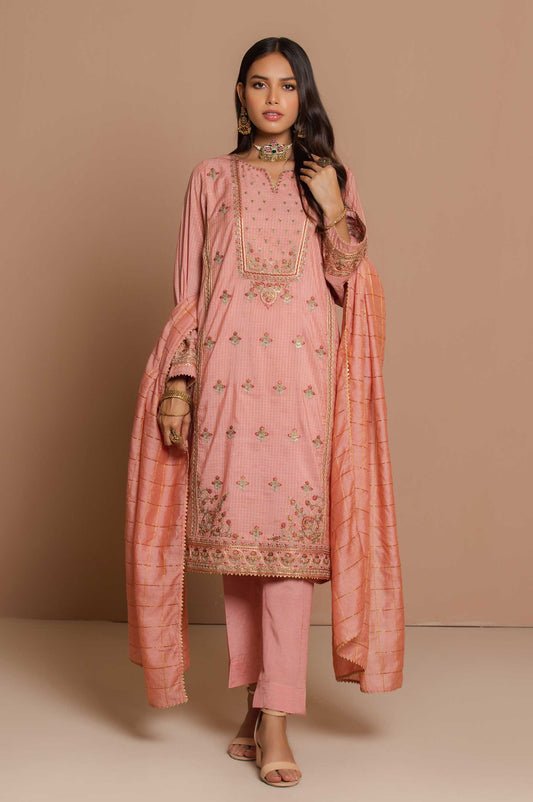 3 Piece Unstitched Embroidered Slub Check Suit