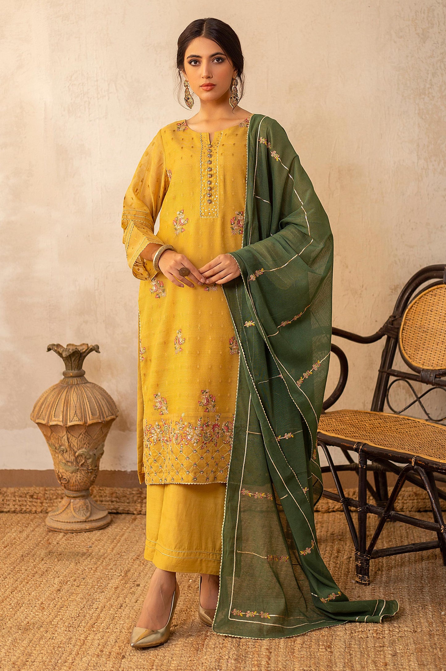 3 Piece Unstitched Embroidered Jacquard Khaddi Net Suit