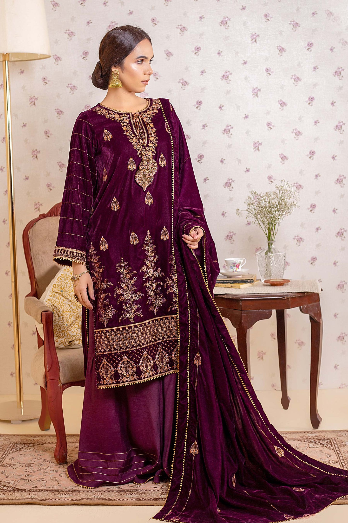 3 Piece Unstitched Embroidered Velvet Suit