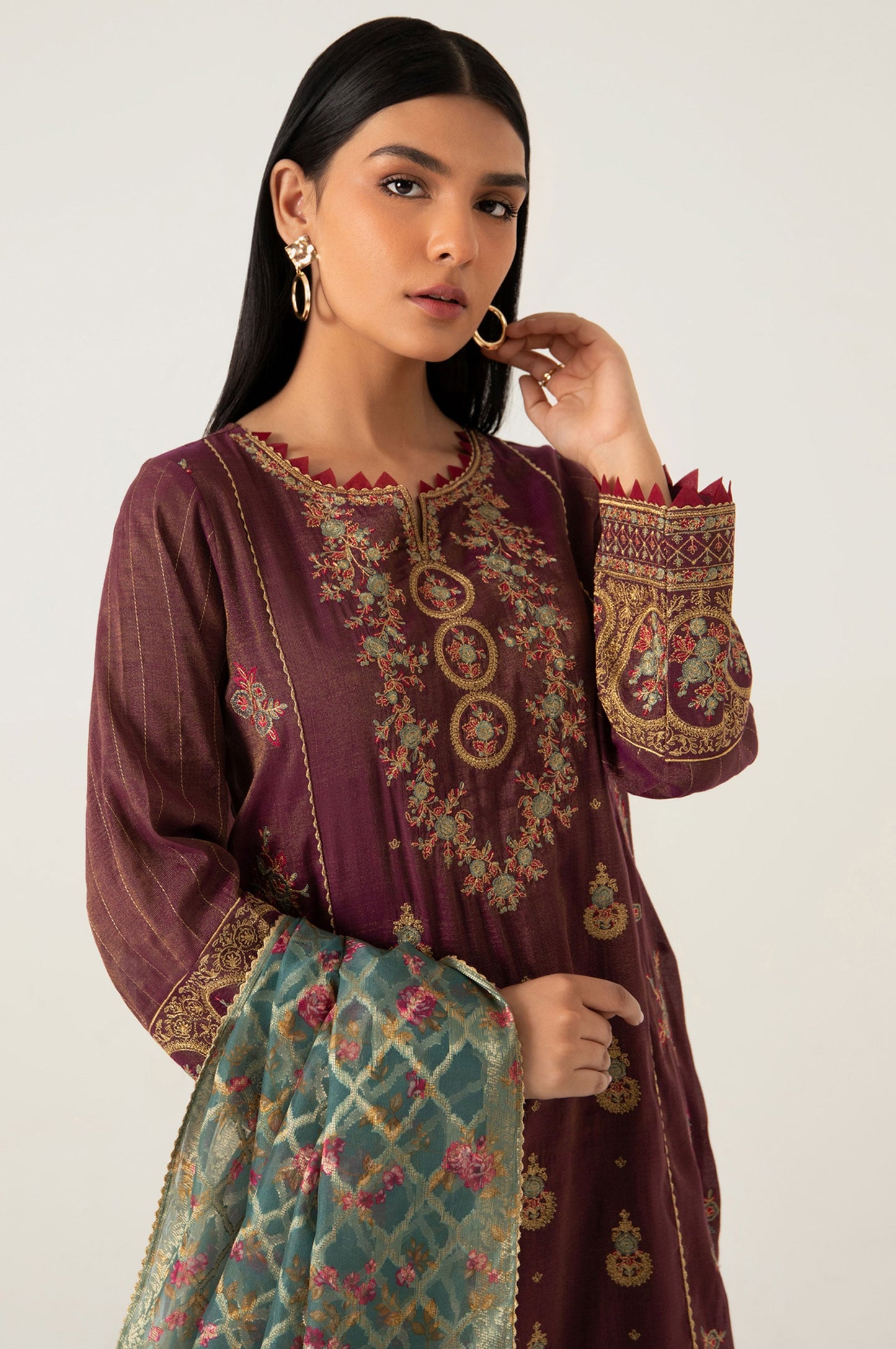 3 Pieces Unstitched Embroidered Staple Suit