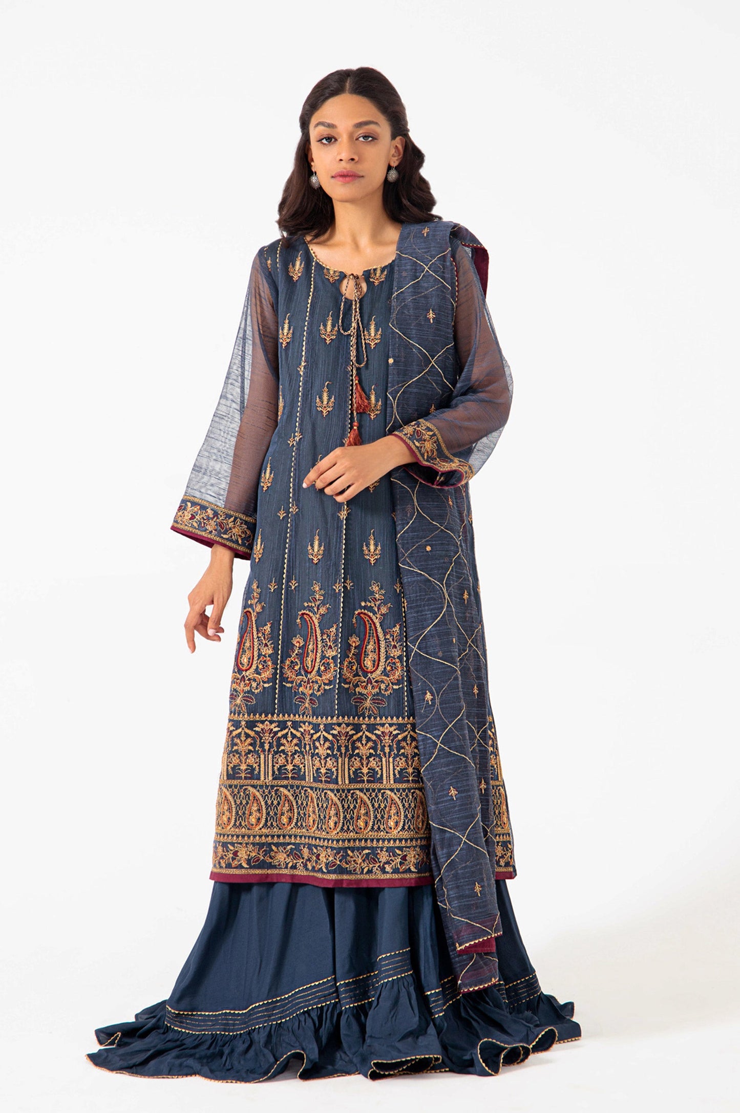 3 piece Unstitched Embroidered Slub Khaddi Net Suit