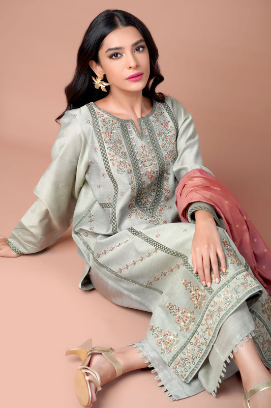 3 Piece Unstitched Embroidered Cotton Net Suit