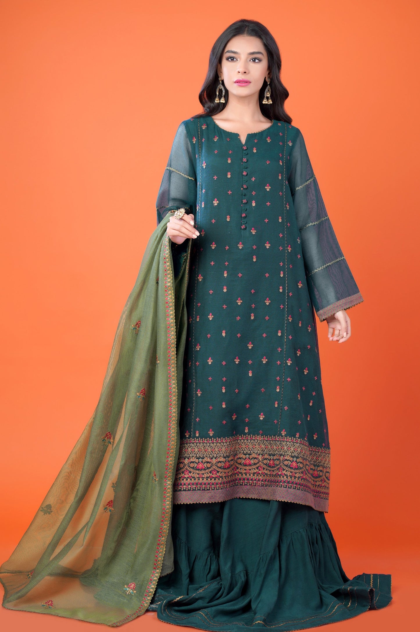 3 Pieces Unstitched Embroidered Khadi Net Suit