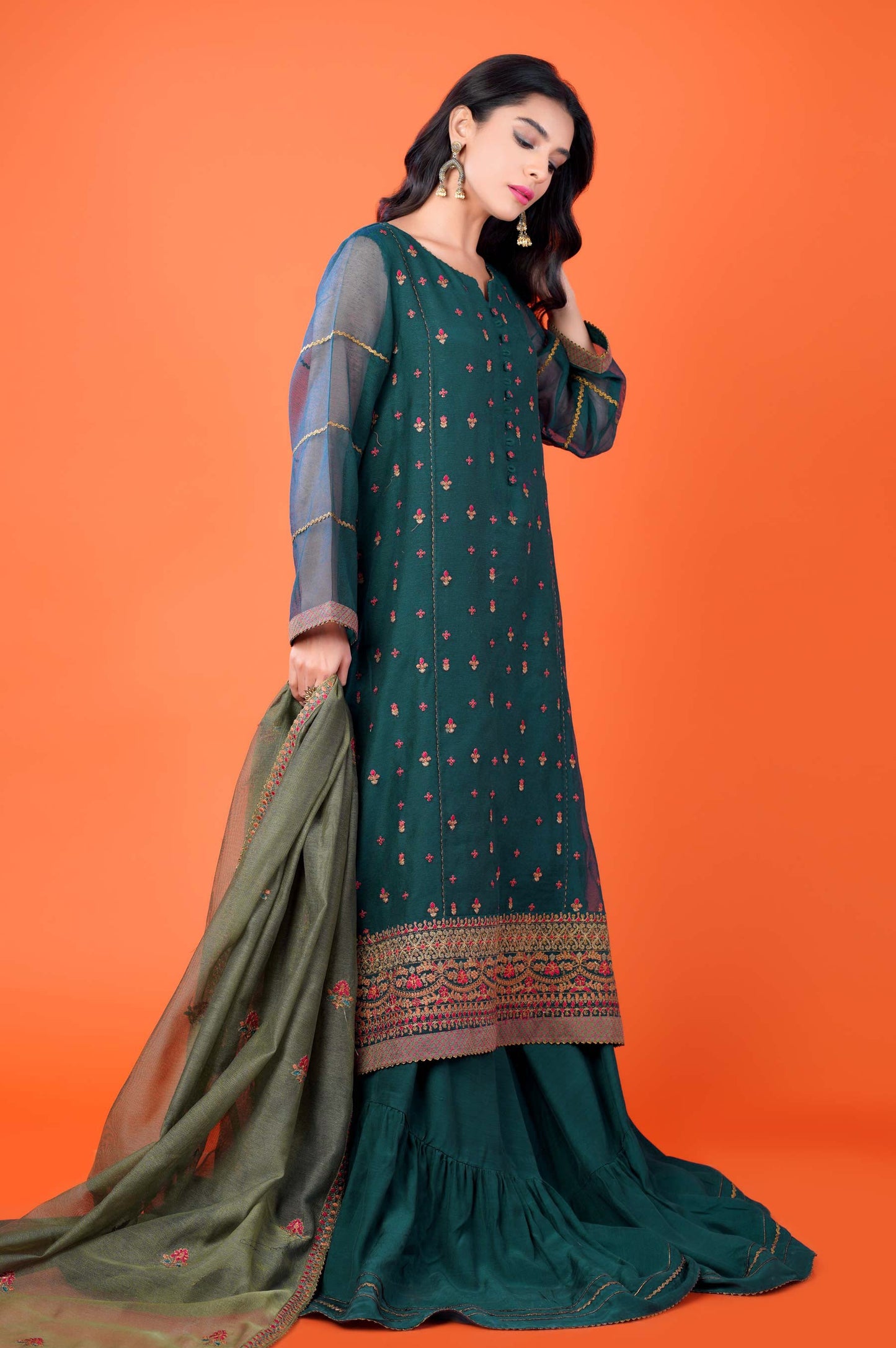 3 Pieces Unstitched Embroidered Khadi Net Suit