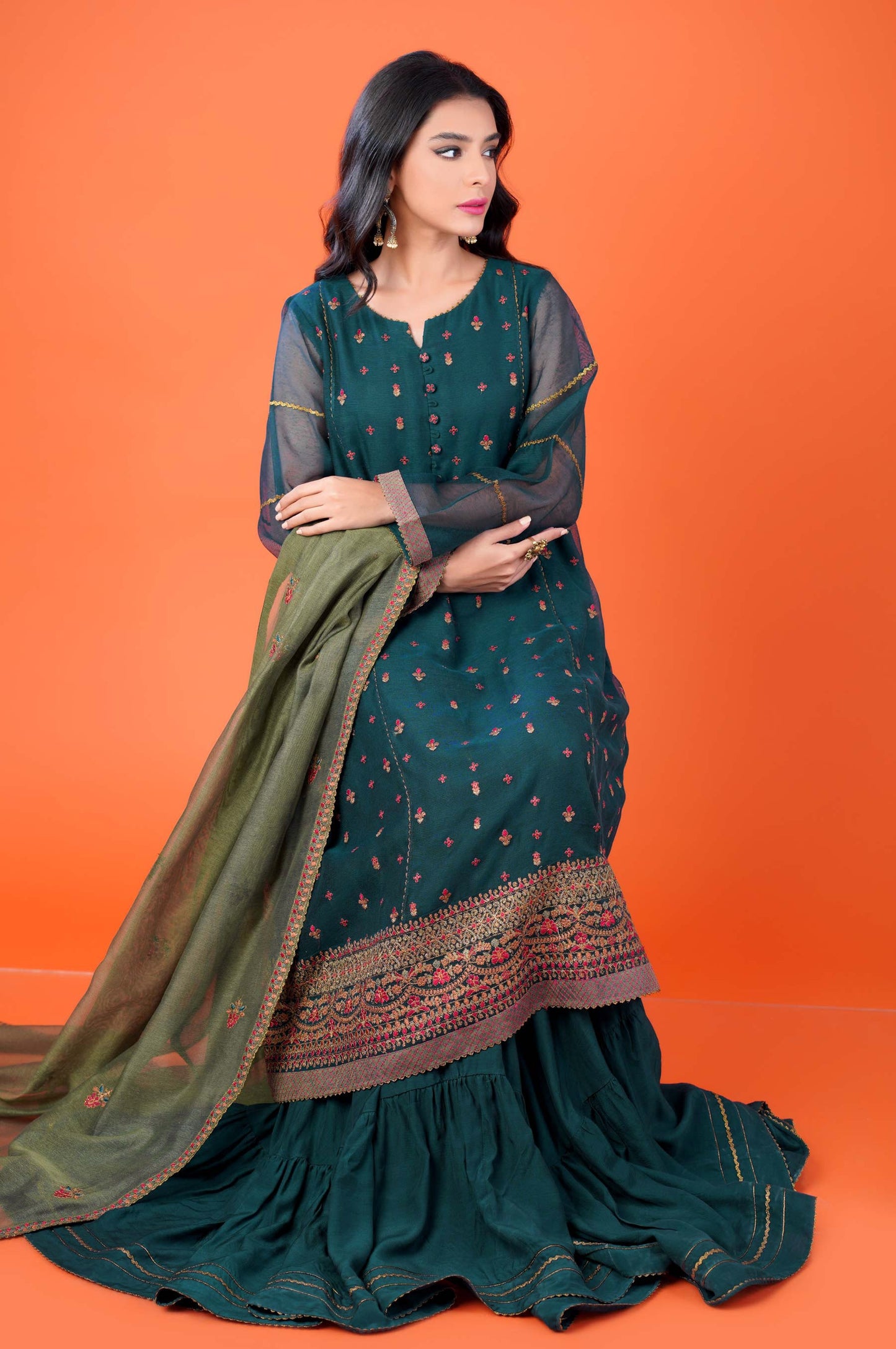 3 Pieces Unstitched Embroidered Khadi Net Suit