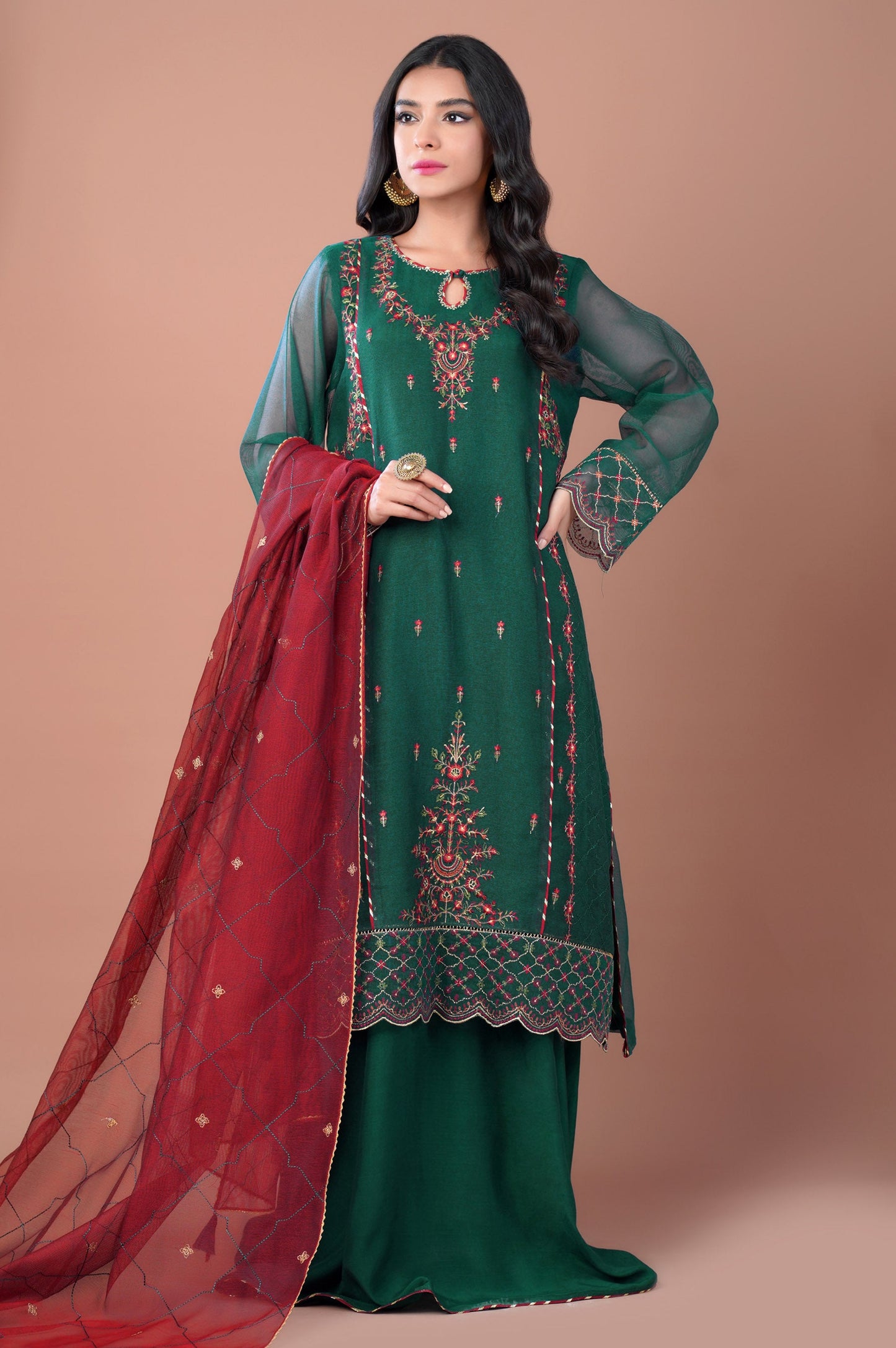 3 Pieces Unstitched Embroidered Khadi Net Suit