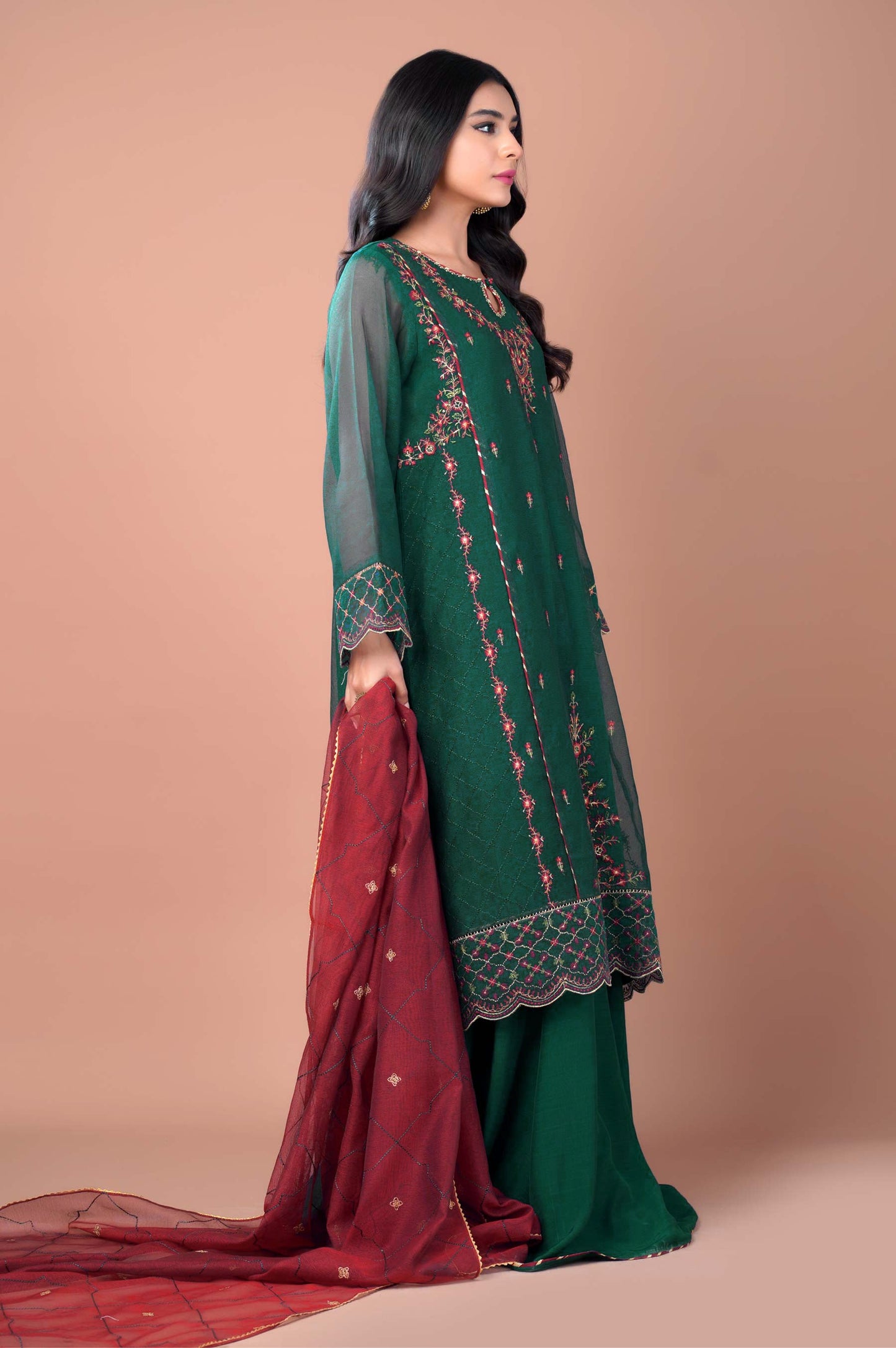 3 Pieces Unstitched Embroidered Khadi Net Suit