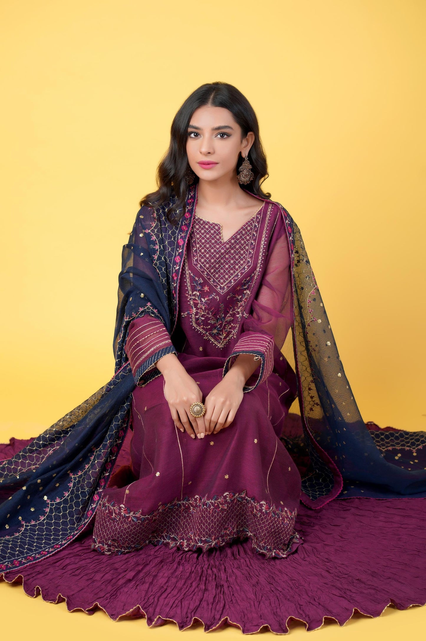 3 Pieces Unstitched Embroidered Khadi Net Suit