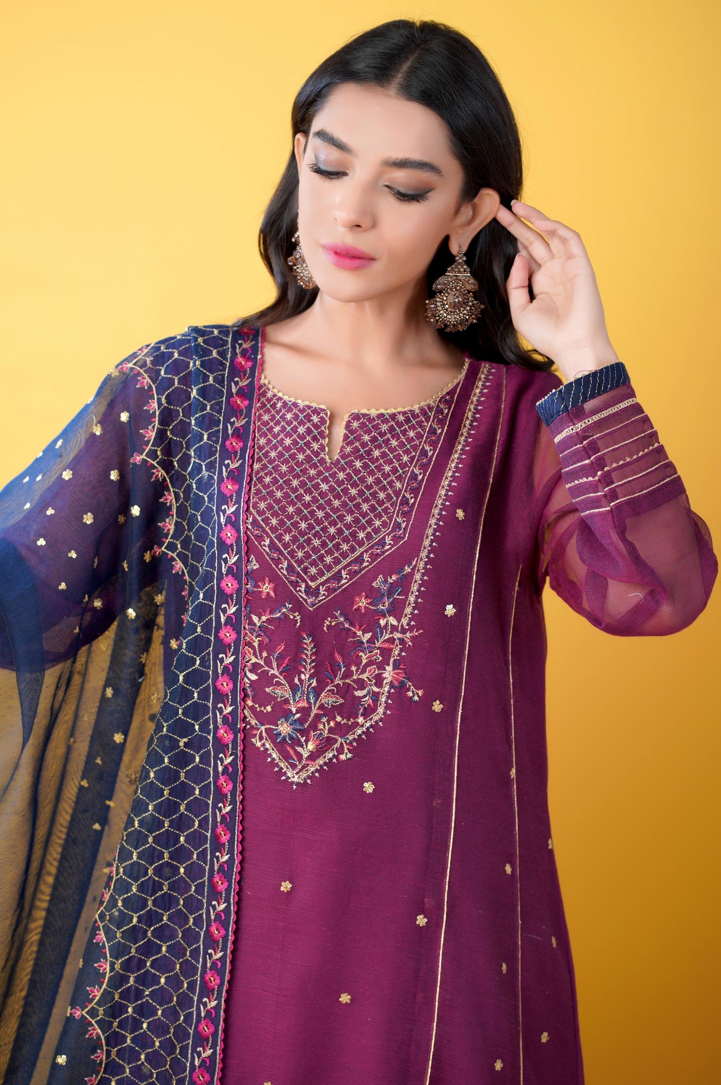 3 Pieces Unstitched Embroidered Khadi Net Suit